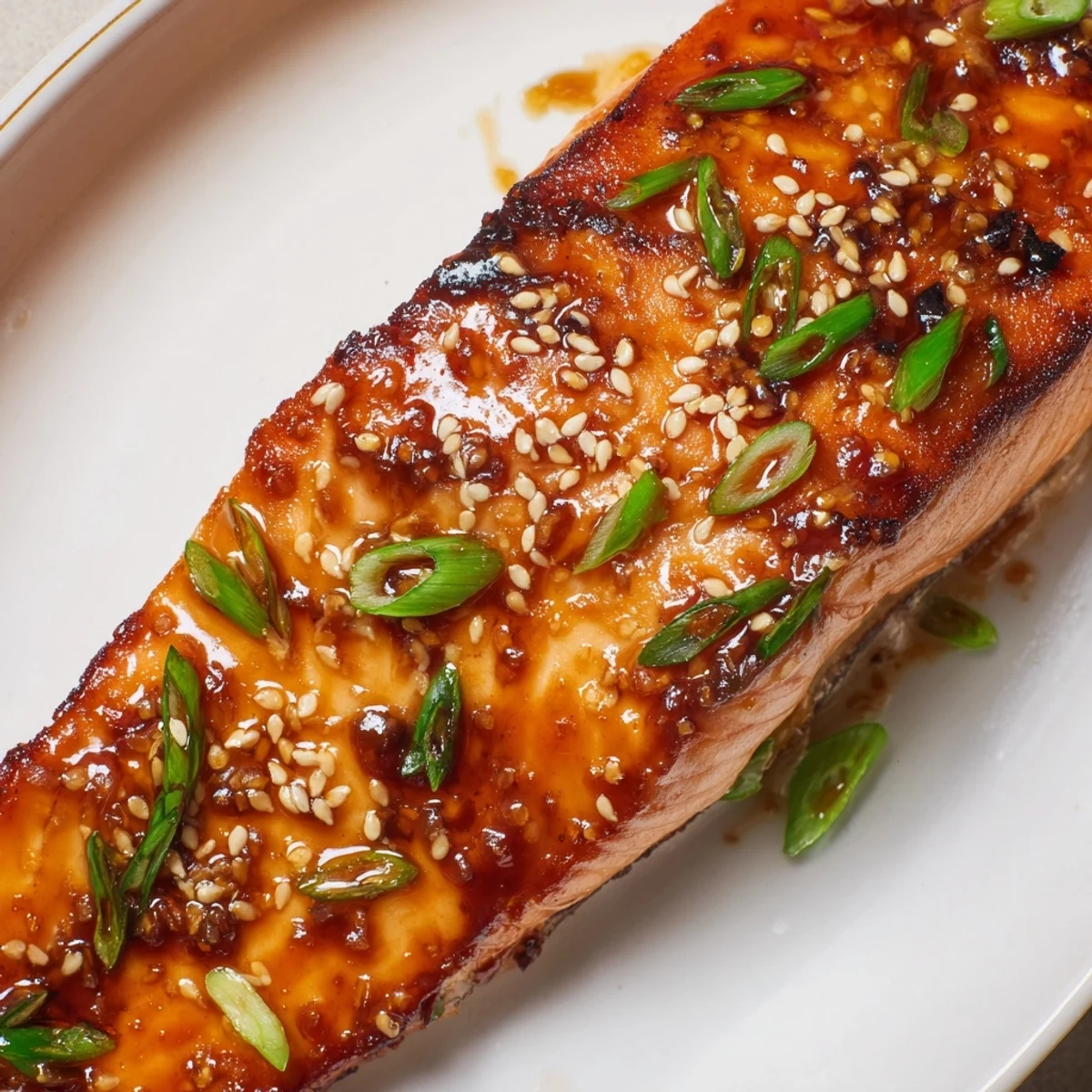 Flaky and tender ginger soy glazed salmon served with a citrus wedge, a delightful Asian-inspired meal.