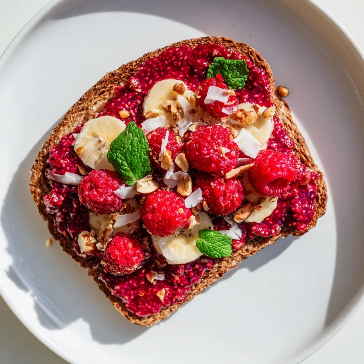 Warm, glistening view: Thick raspberry chia jam spread on golden toast, ready for breakfast.