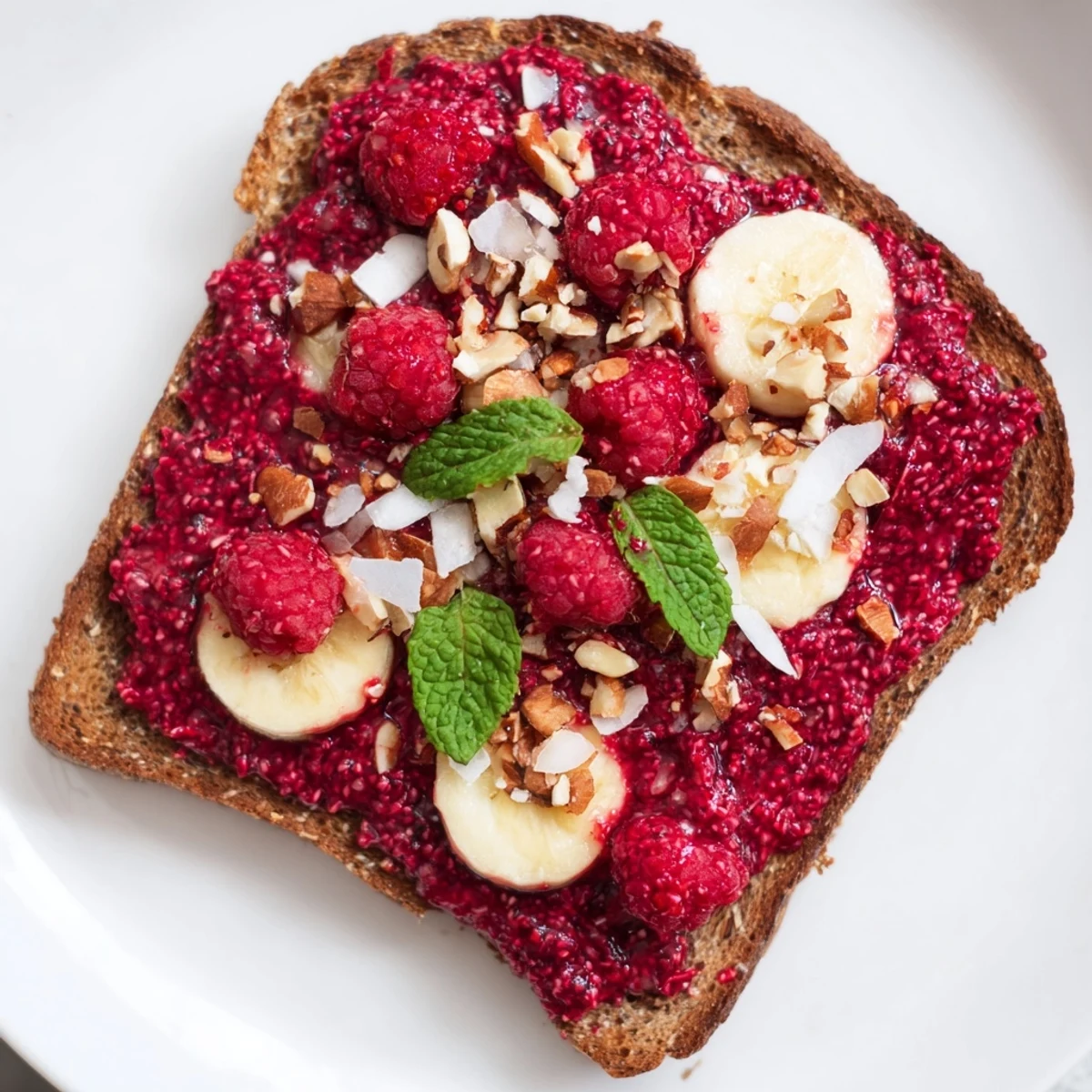 Homemade raspberry chia jam toast, perfect for a quick, healthy snack with fresh berries.