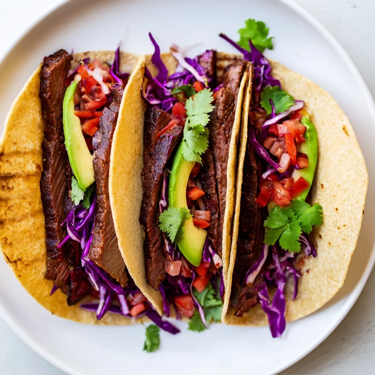 Coffee-Rubbed Steak Tacos, a close-up of sizzling, grilled steak slices ready for taco assembly.
