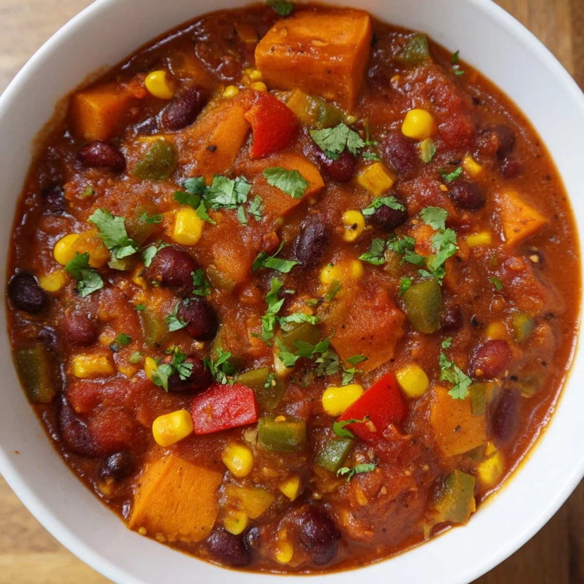 A steaming bowl of Smoky Sweet Potato Chili, garnished with cilantro, ready to be enjoyed.