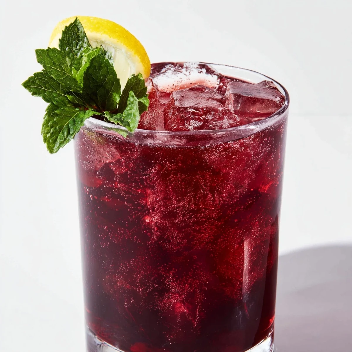 Sleepy Girl Cherry Mocktail, a vibrant red drink garnished with mint and lemon, refreshing after a long day.