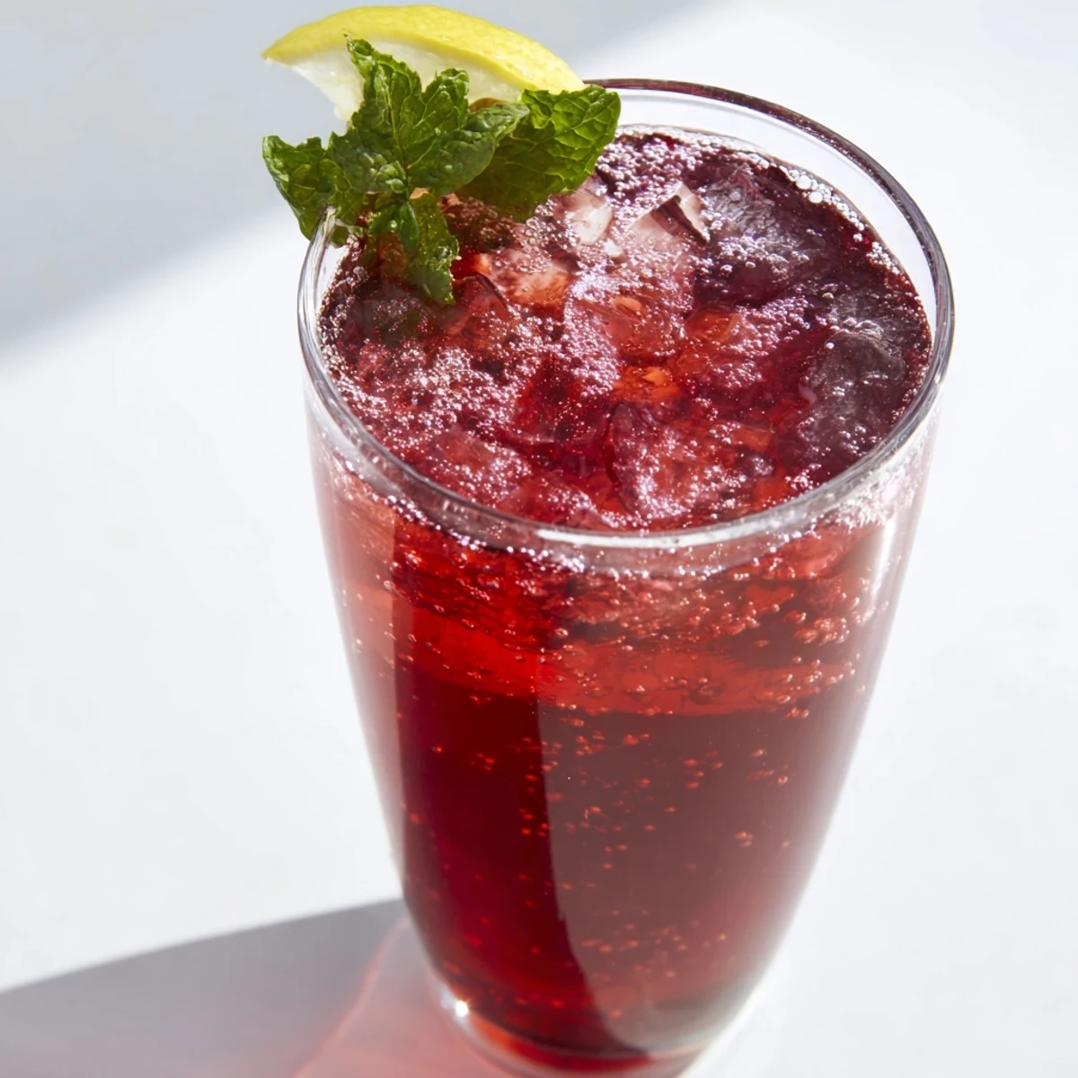 Cool glass filled with a Sleepy Girl Cherry Mocktail, a vegan, relaxing drink perfect for bedtime.