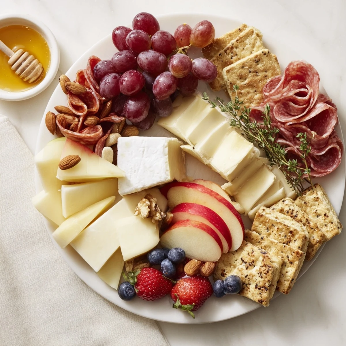 A quick charcuterie snack board overflowing with cheeses, meats, fruits, and crackers, ready for enjoying.