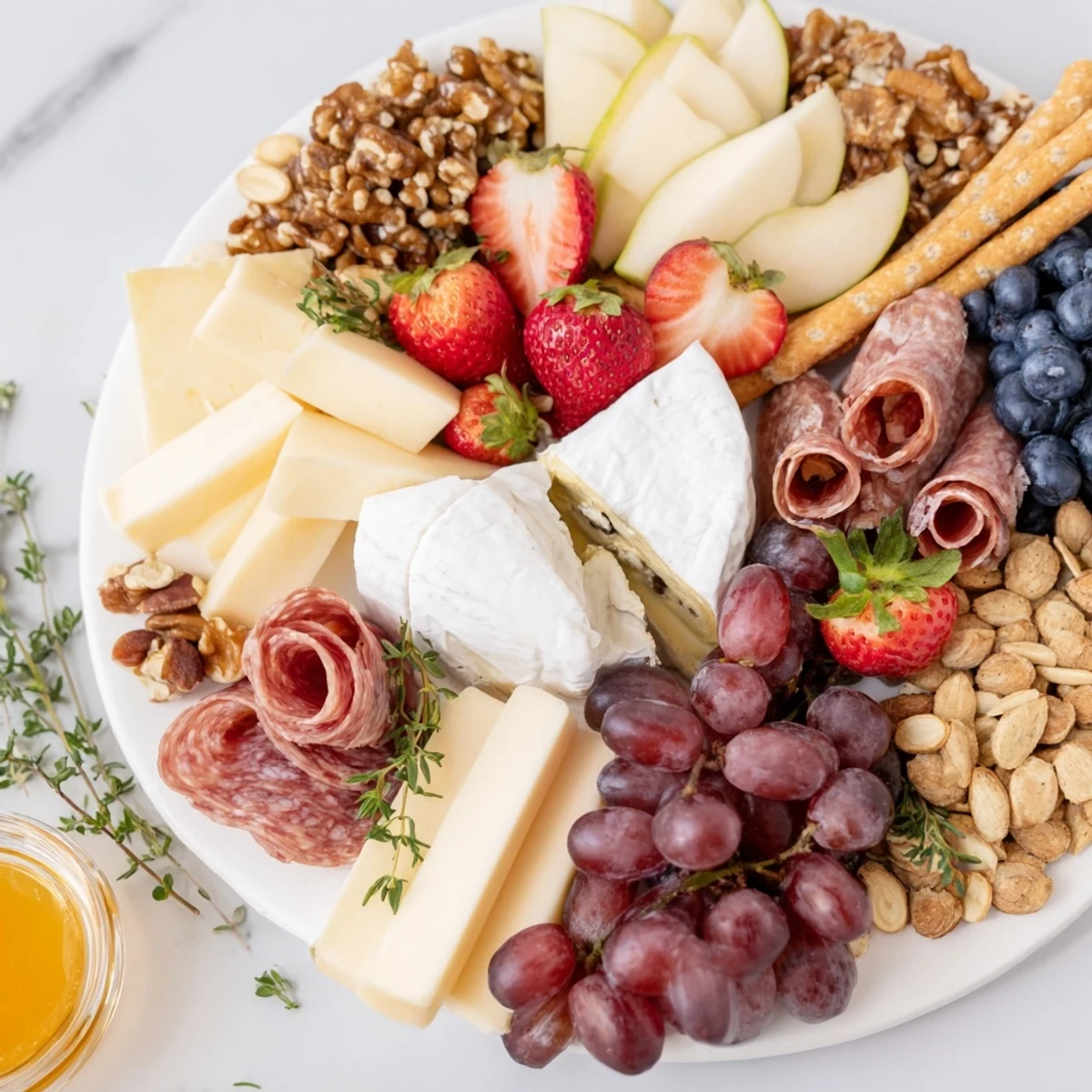 This easy girl dinner charcuterie board presents a beautiful array of cheese, meats, and colorful accompaniments.