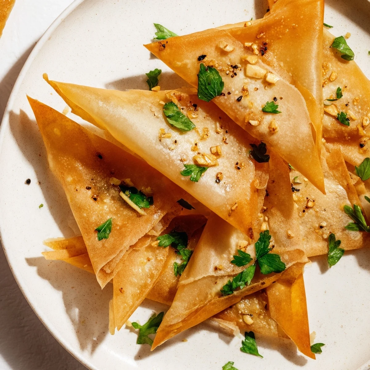Crispy Garlic Lumpia Chips, golden brown and perfectly crunchy, ready for dipping on a white plate.