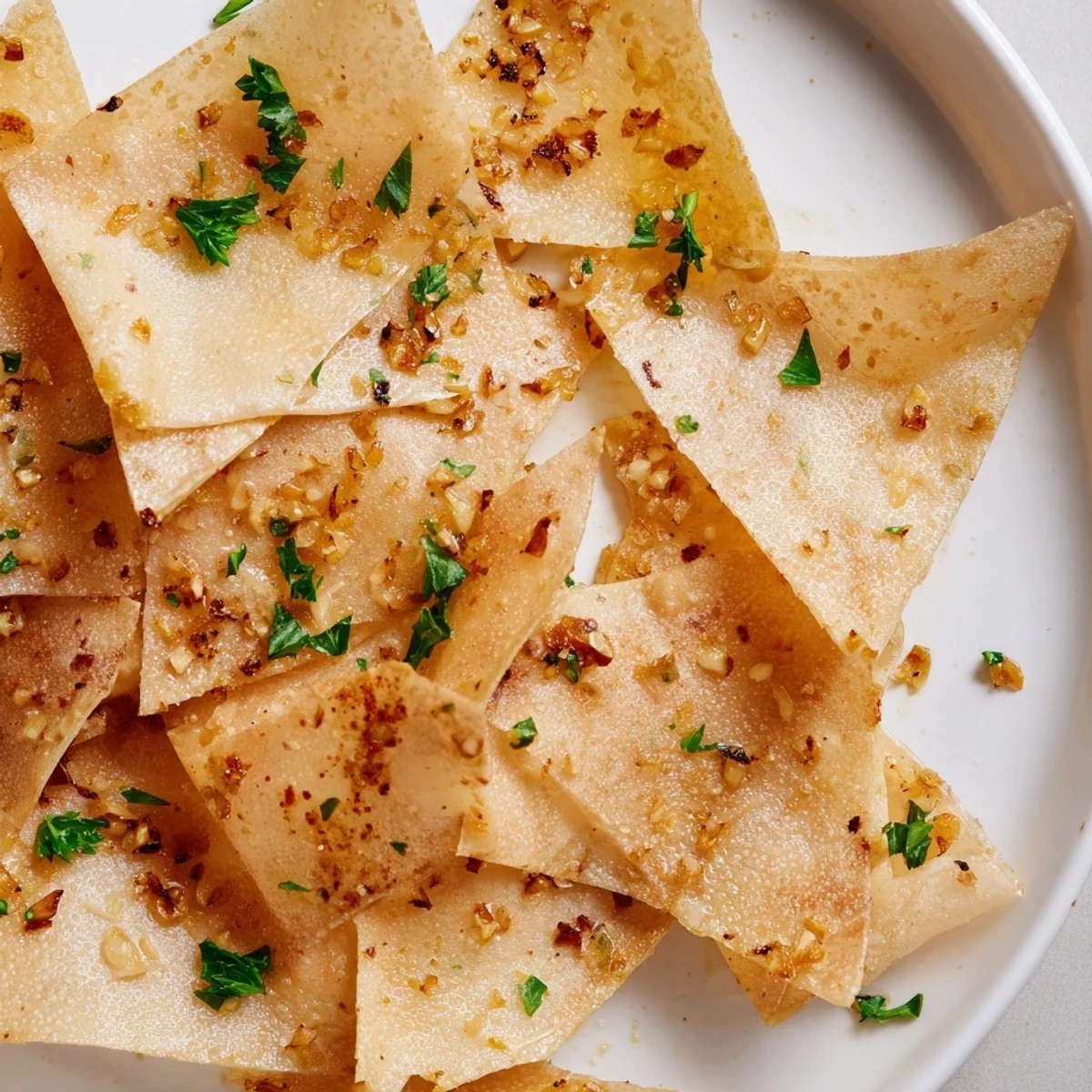 These flavorful Crispy Garlic Lumpia Chips offer a satisfying crunch and savory garlic aroma.