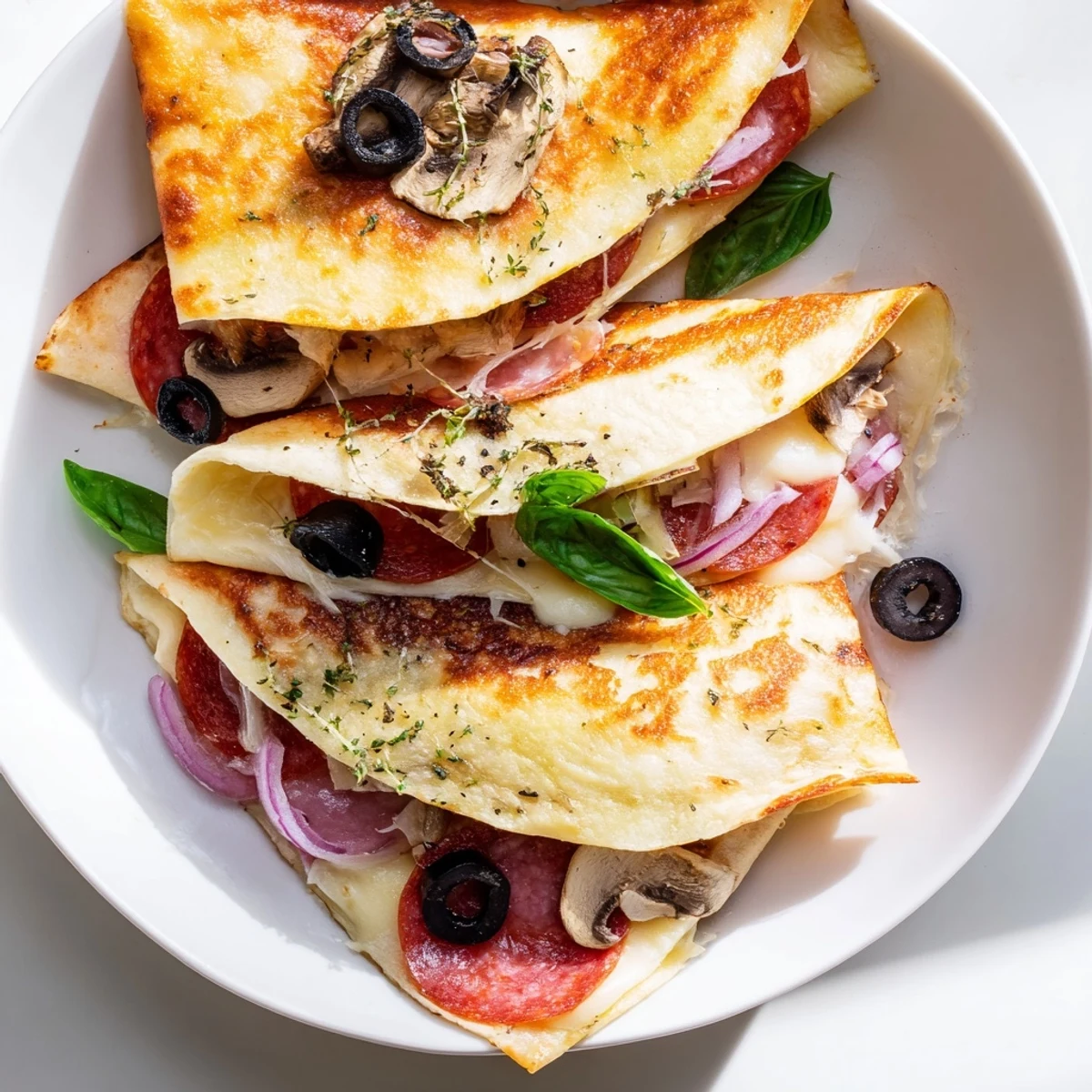 Golden cheesy Tortilla Pizza Wrap with melted mozzarella and pepperoni, ready for a delicious lunch.