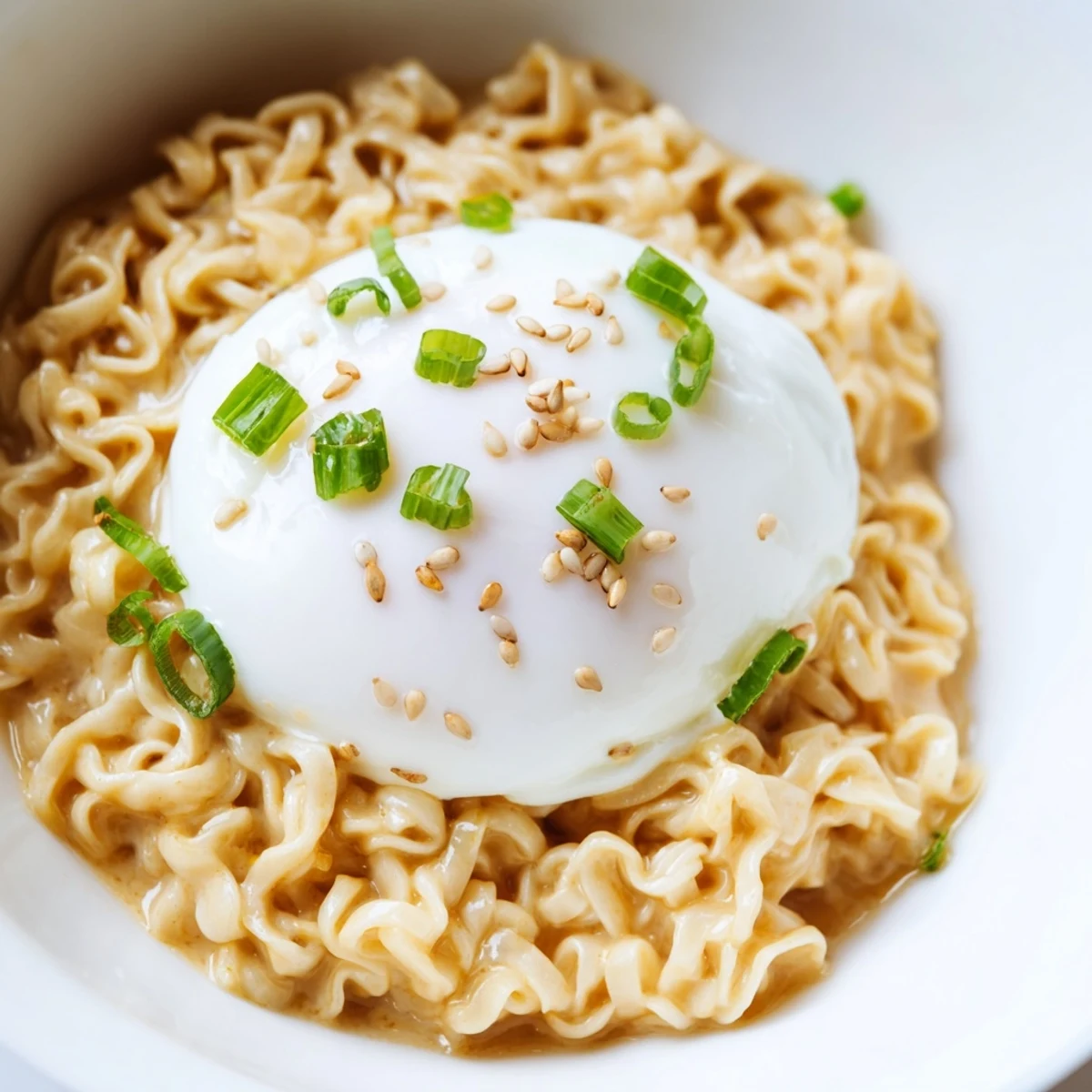 A steaming bowl of Instant Cheese Ramen, creamy with melted cheese and a poached egg.
