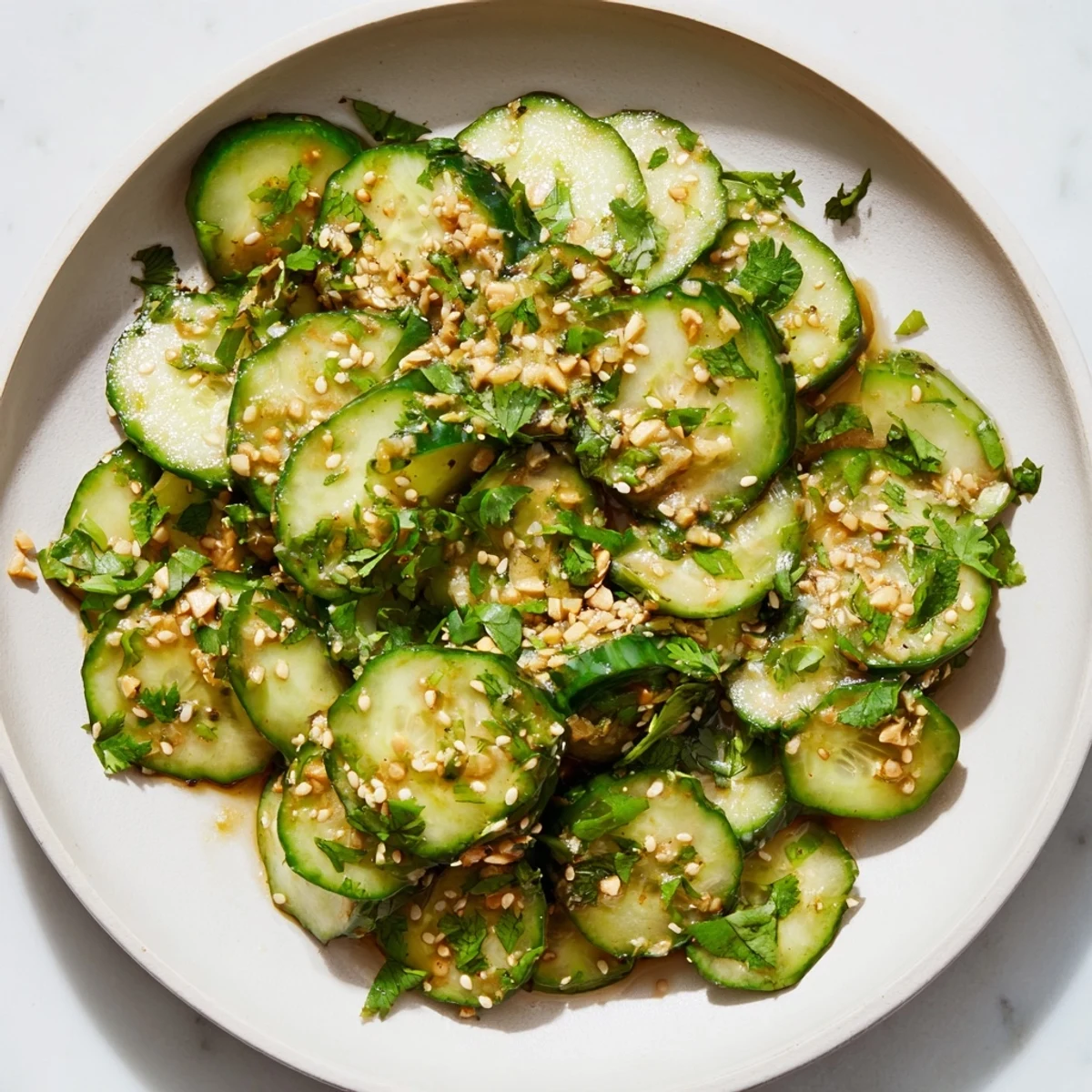 A close-up of the Tangy Shaken Asian-Style Cucumber Salad, ready to serve with fresh cilantro garnish and sesame seeds.