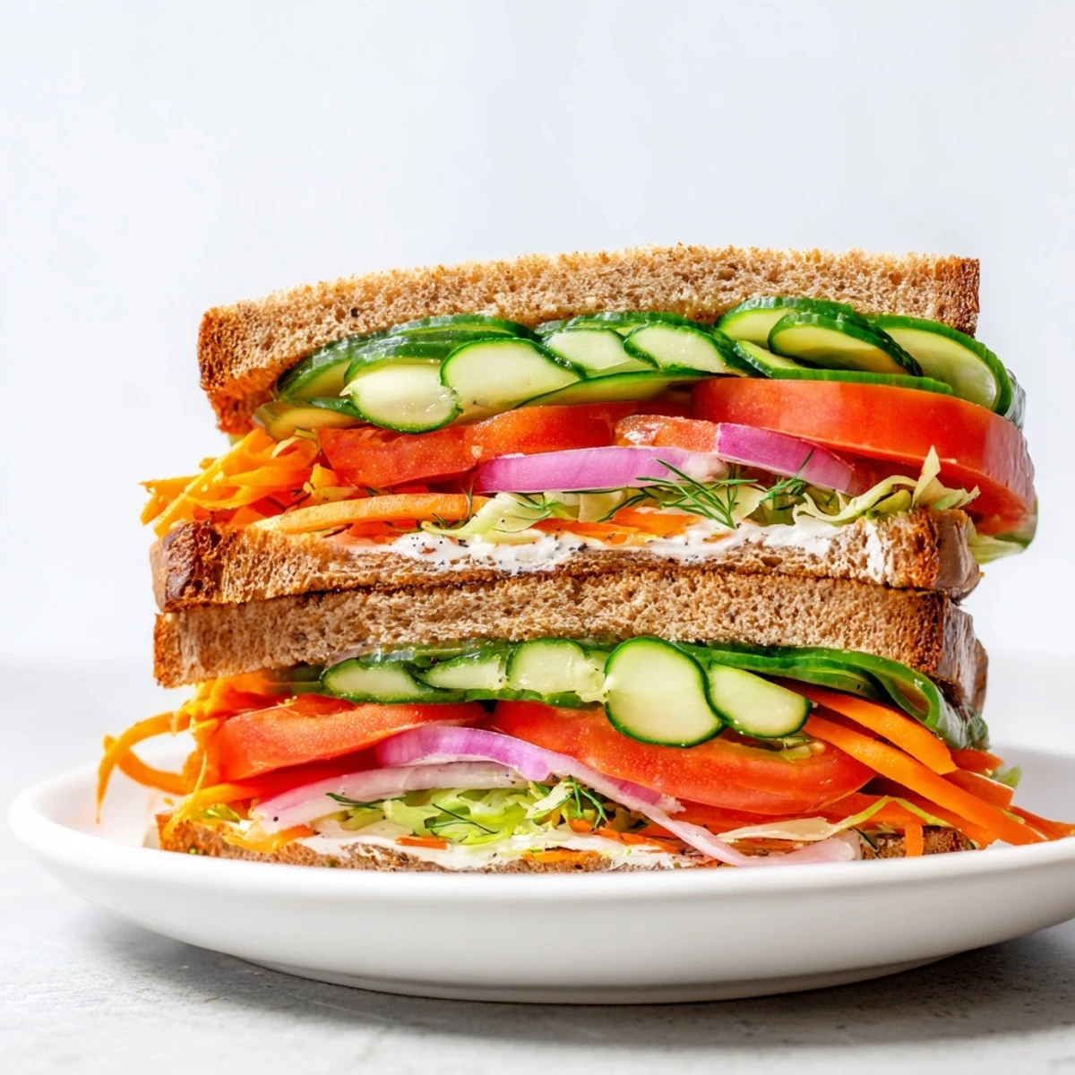 Freshly made crunchy dill pickle sandwich, showcasing layers of pickles and veggies, ready to enjoy.