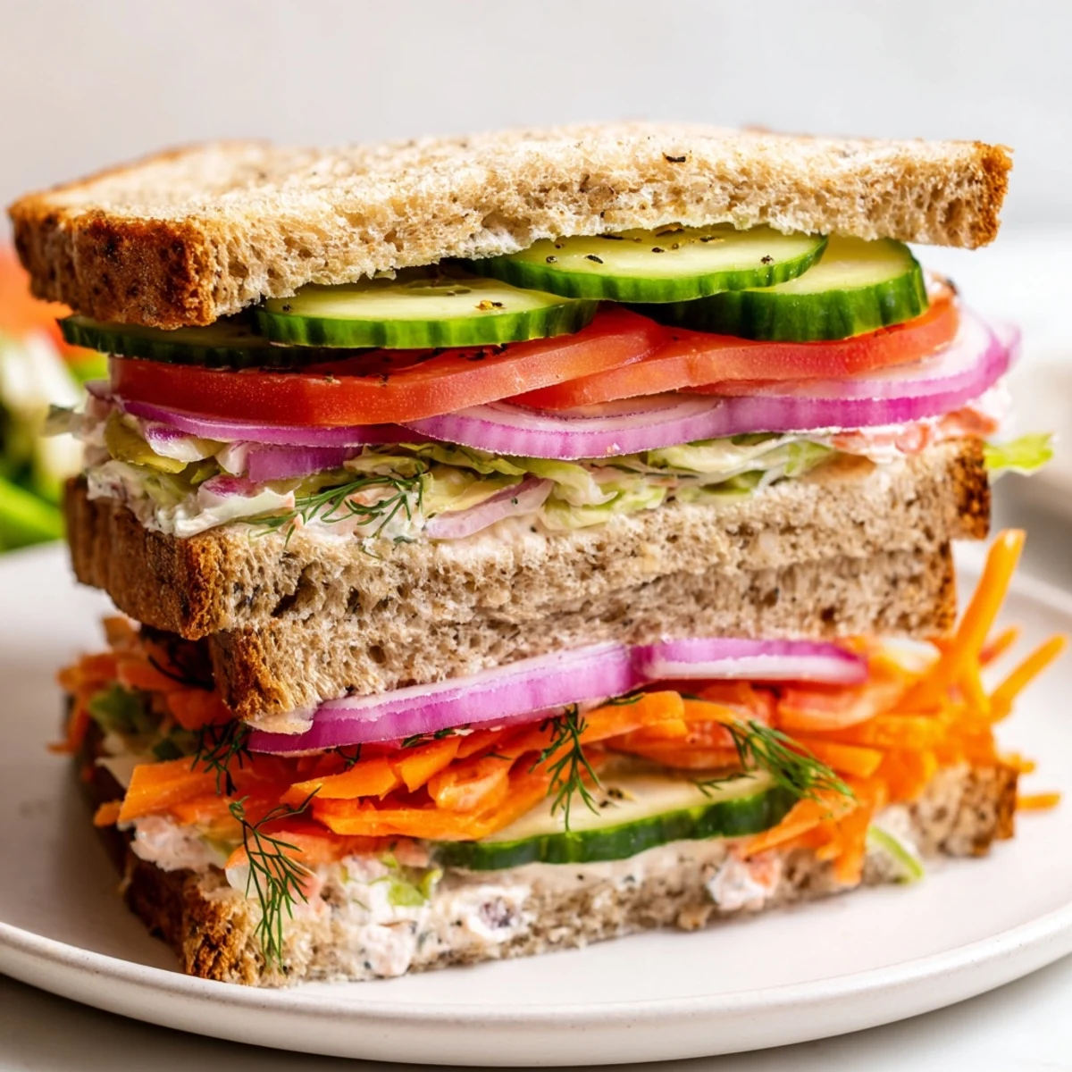 A close-up of a delightful crunchy dill pickle sandwich, bursting with colorful ingredients and flavor.