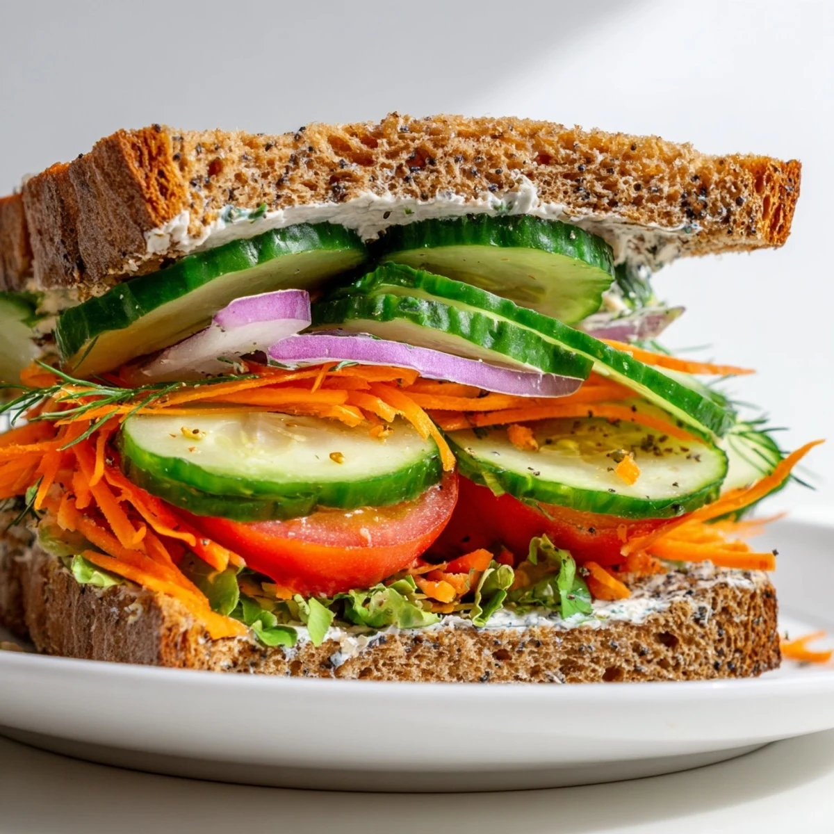 The perfect crunchy dill pickle sandwich, loaded with pickles and vegetables, served for lunch.
