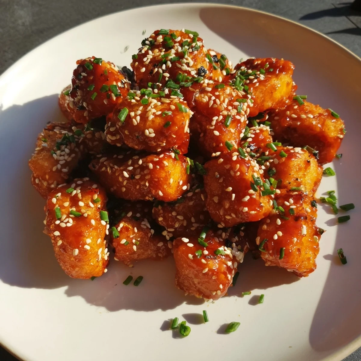 Crispy Honey-Sriracha Chicken Bites glistening from their sweet and spicy sauce, ready to serve and enjoy.