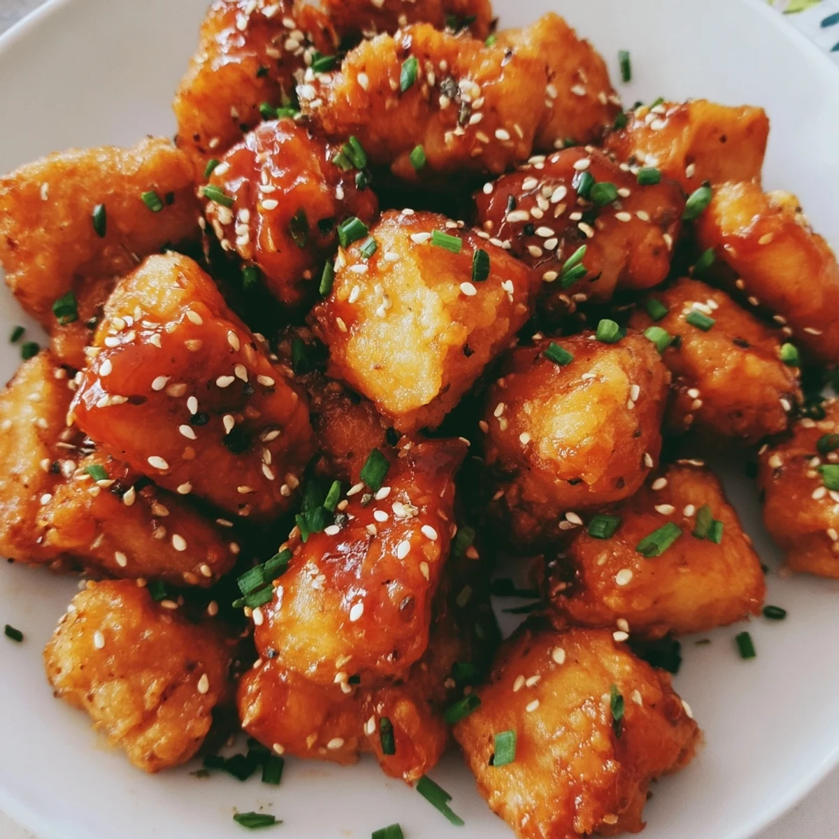 Sweet and savory Honey-Sriracha Chicken Bites on a white plate, perfect for game-day snacking.