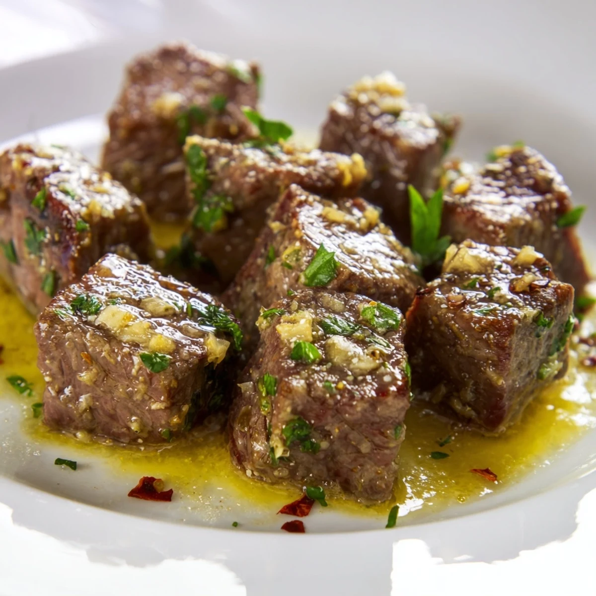 Close-up photo of Garlic Butter Steak Bites, tenderly cooked with fragrant garlic and butter.