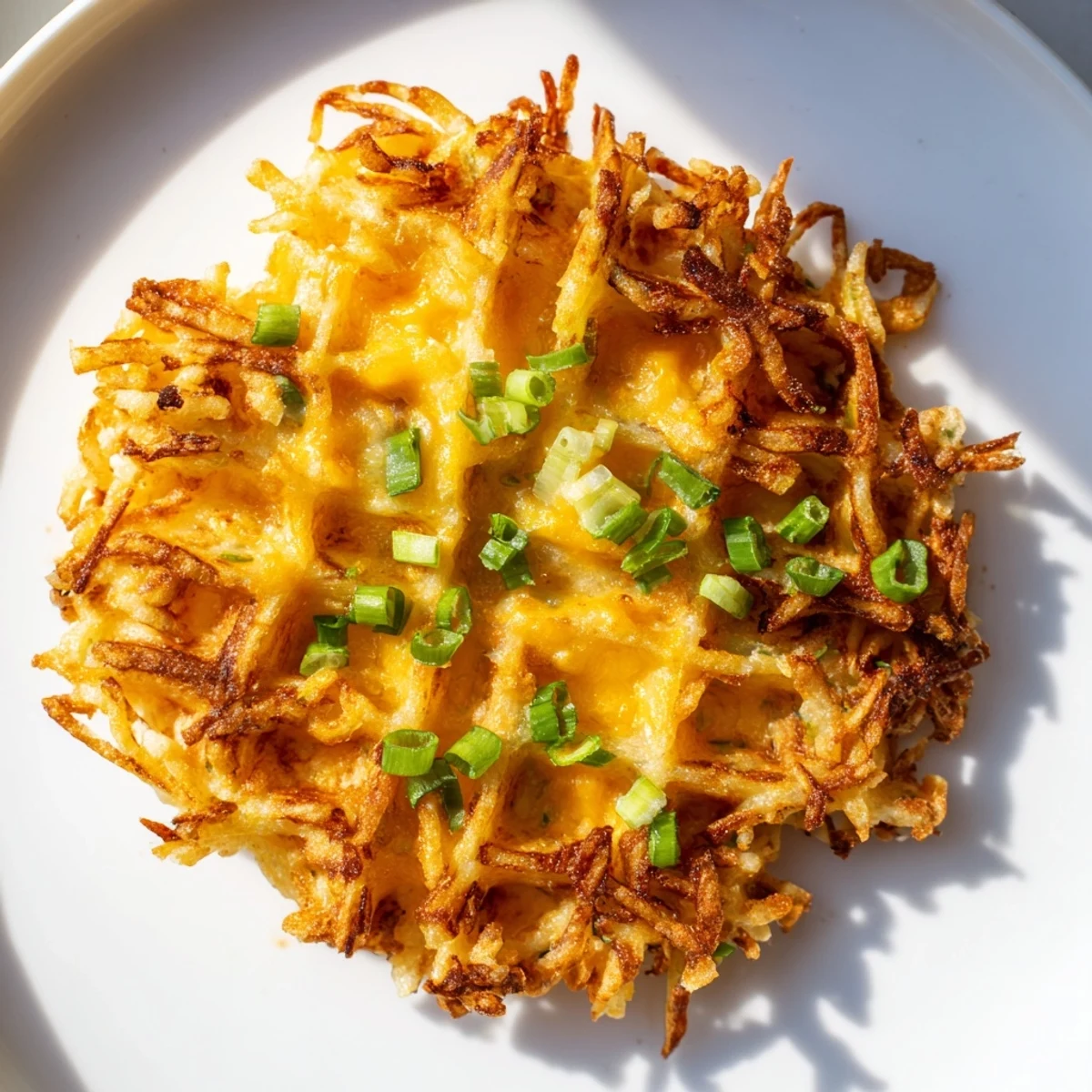 Crispy golden brown Cheesy Hash Brown Waffles, served with a dollop of sour cream and fresh chives.