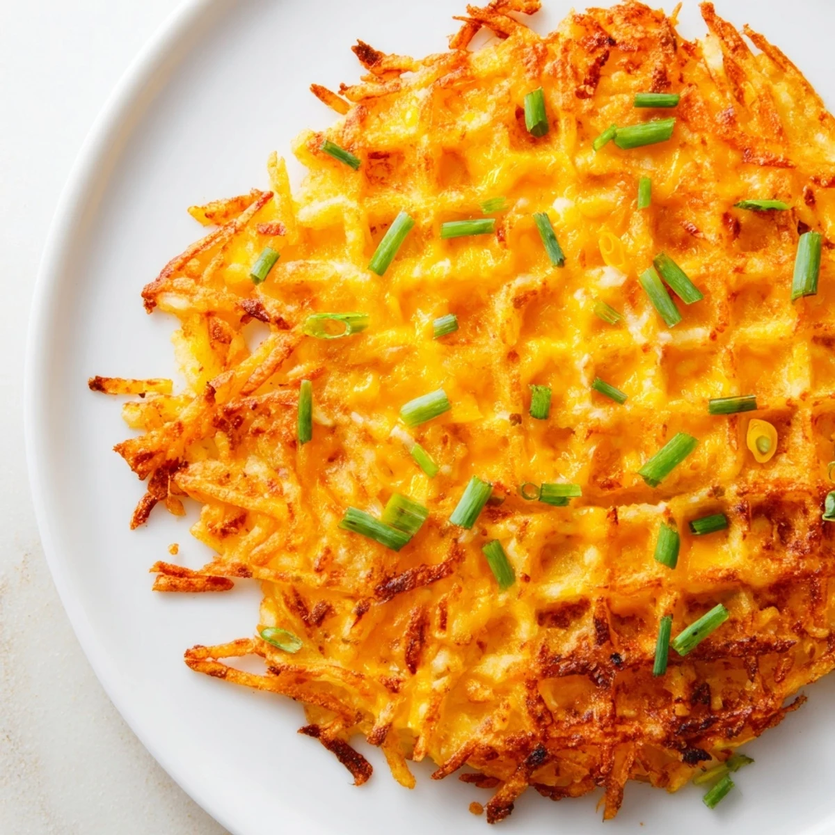 A close-up of cheesy, savory hash brown waffles, perfectly cooked for a delicious American breakfast treat.