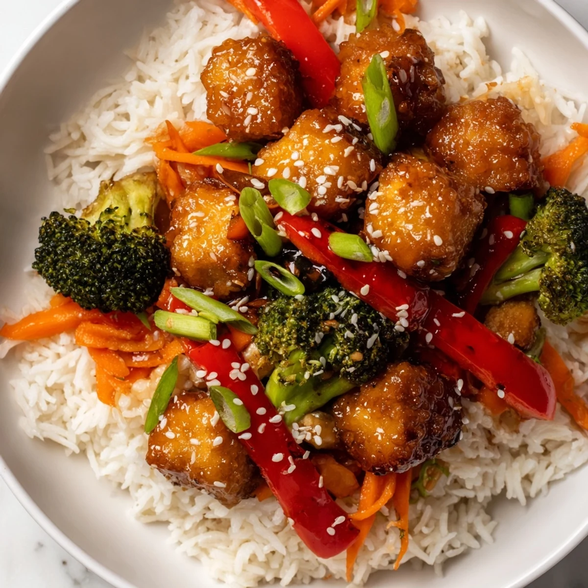 Golden, crispy honey garlic tofu bowls with colorful vegetables set over fluffy rice, ready to enjoy.