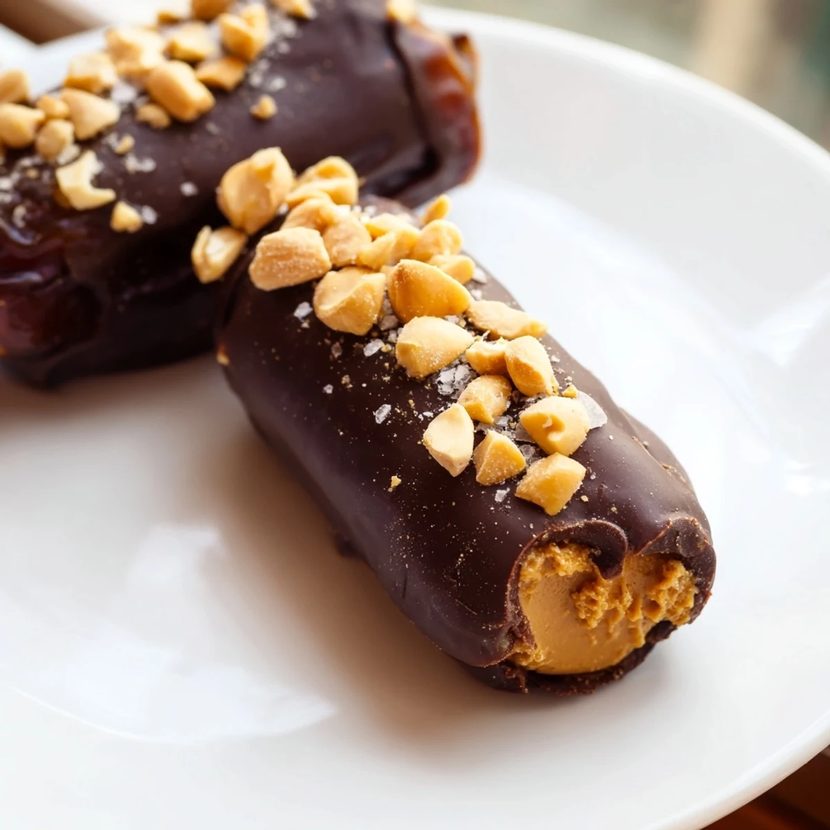 Close-up of decadent Chocolate Date Snickers: dates filled, coated, and ready to enjoy.