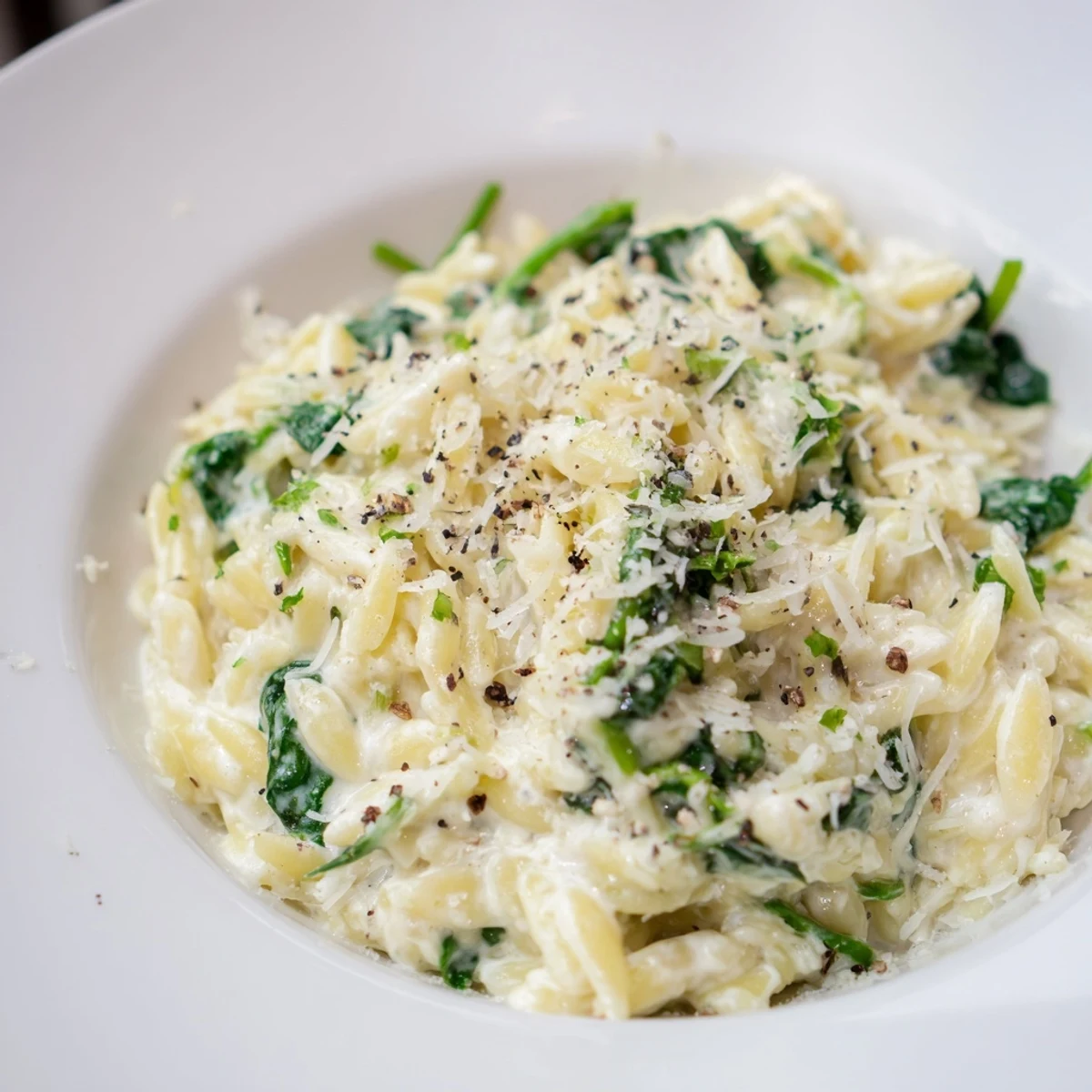 Creamy Spinach Orzo, a comforting one-pan meal with tender orzo and melted Parmesan, ready to eat.