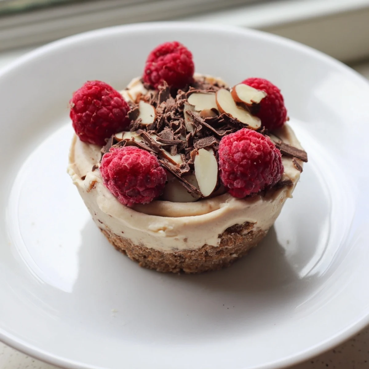 Protein Cheesecake Cups, a layered dessert with a crunchy base and creamy filling, topped with fresh berries.