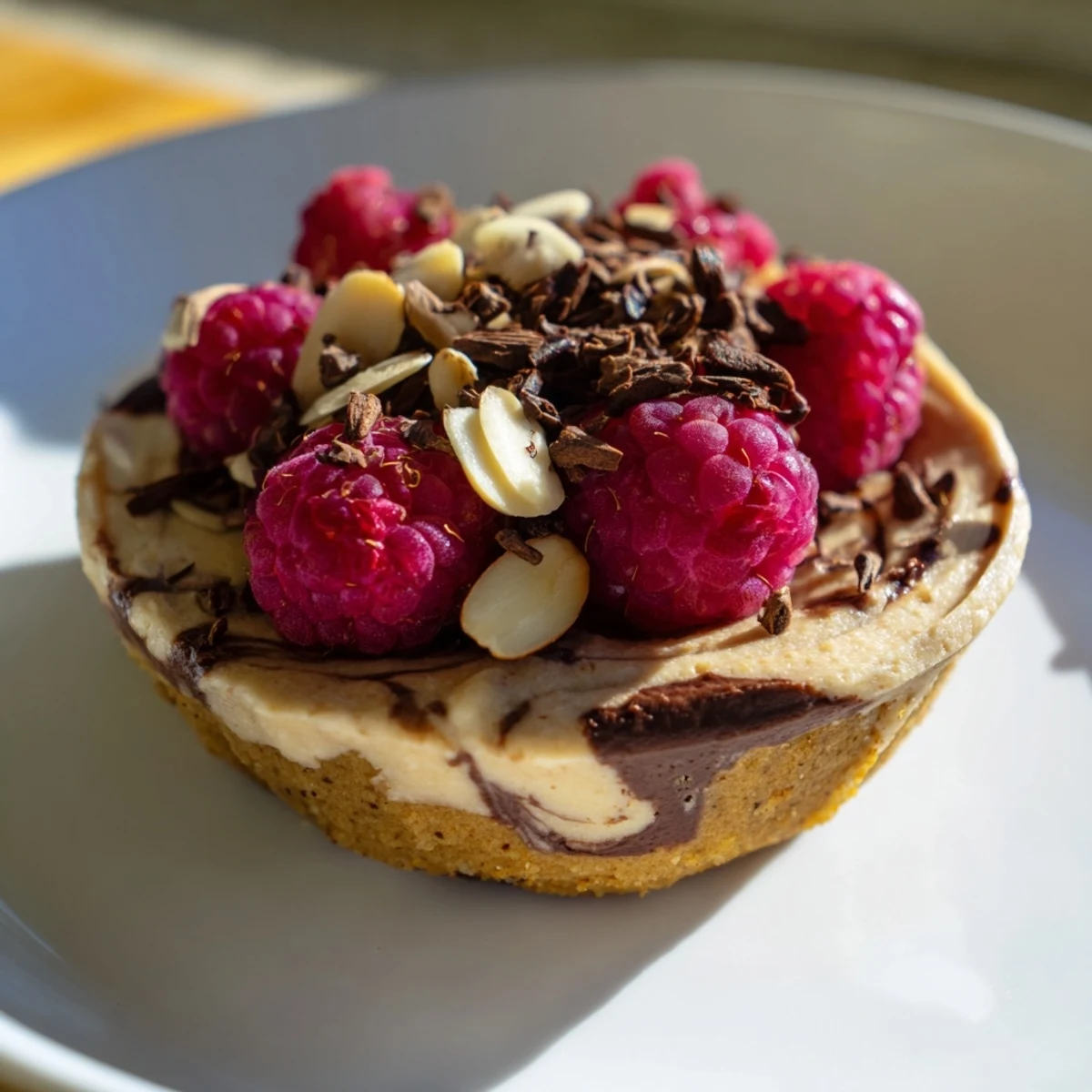 These Protein Cheesecake Cups present a beautiful view with a spoon digging into the chilled, no-bake treat.