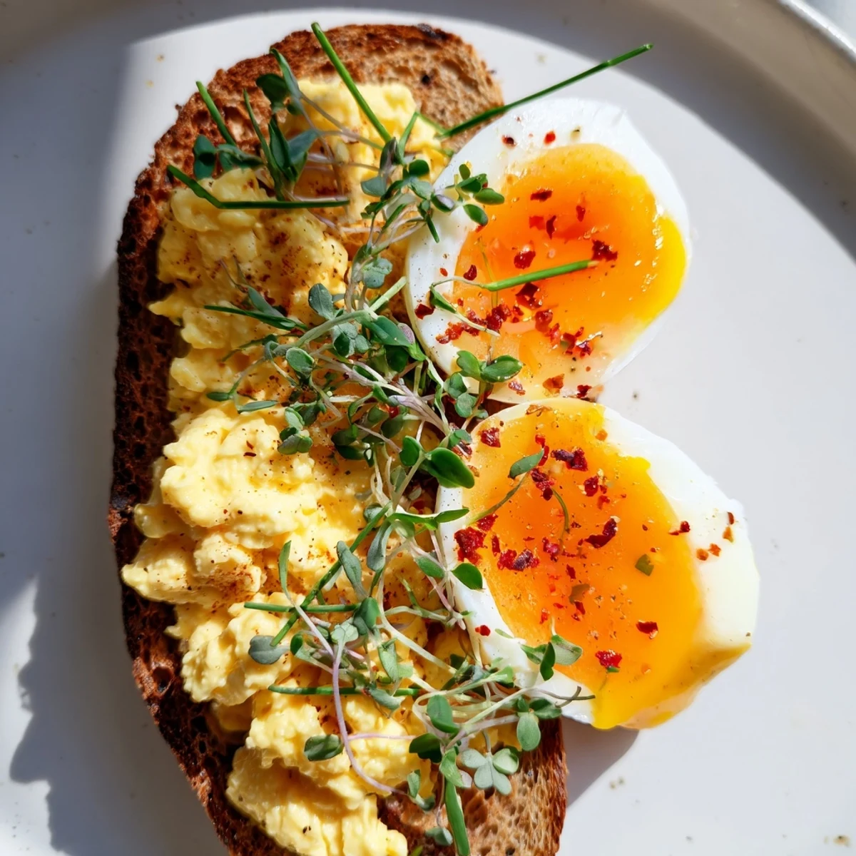 Golden toasted bread topped with different egg preparations: Scrambled, fried, and soft-boiled Egg Flight Toast.