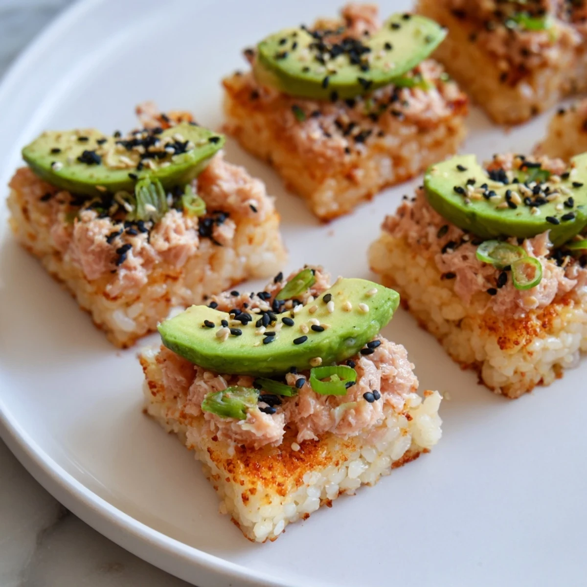 Golden fried Spicy Tuna Crispy Rice bites topped with creamy tuna and avocado, ready to enjoy.