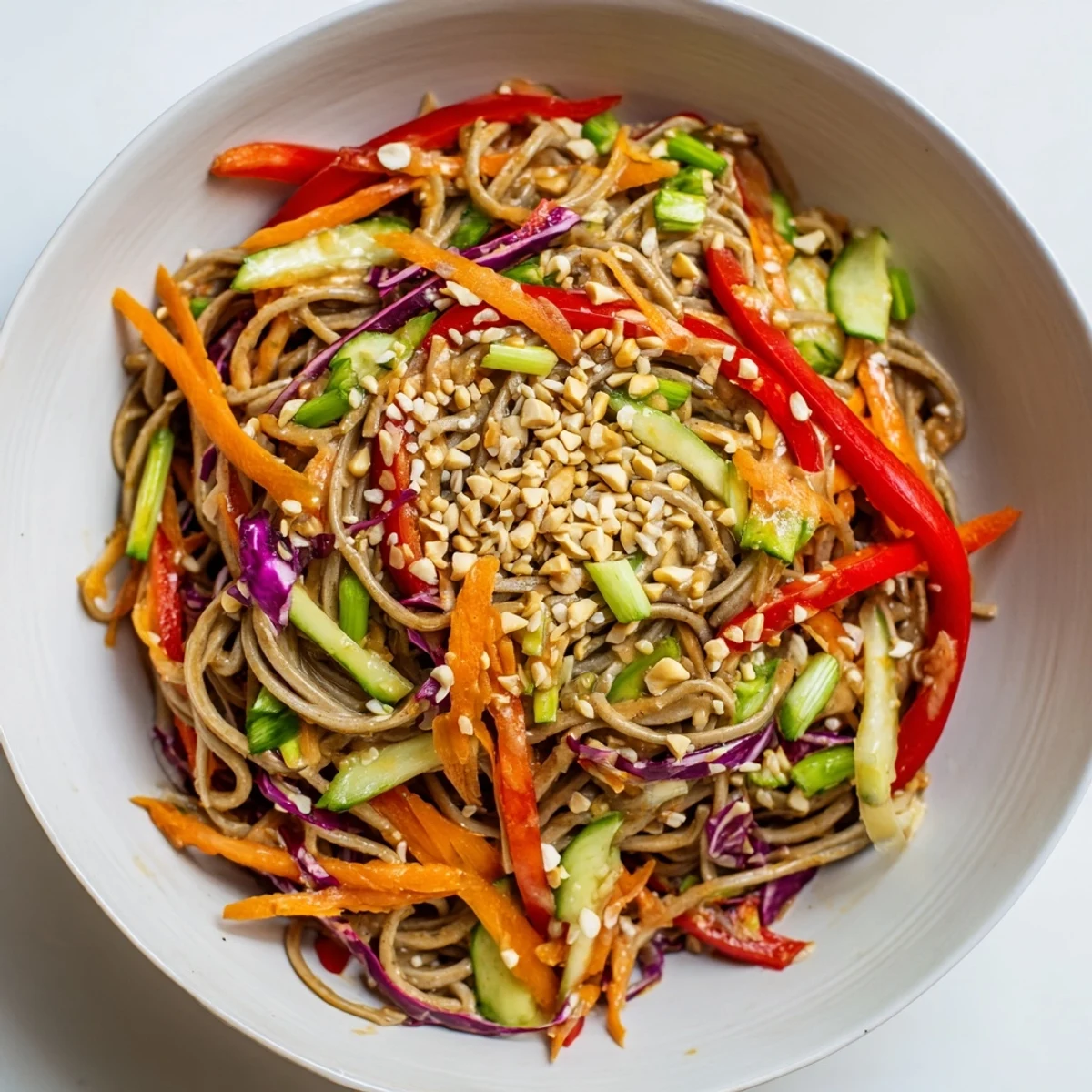 Vibrant Cold Noodle Salad with Sesame-Ginger Dressing: a colorful bowl with chilled noodles and crisp veggies.