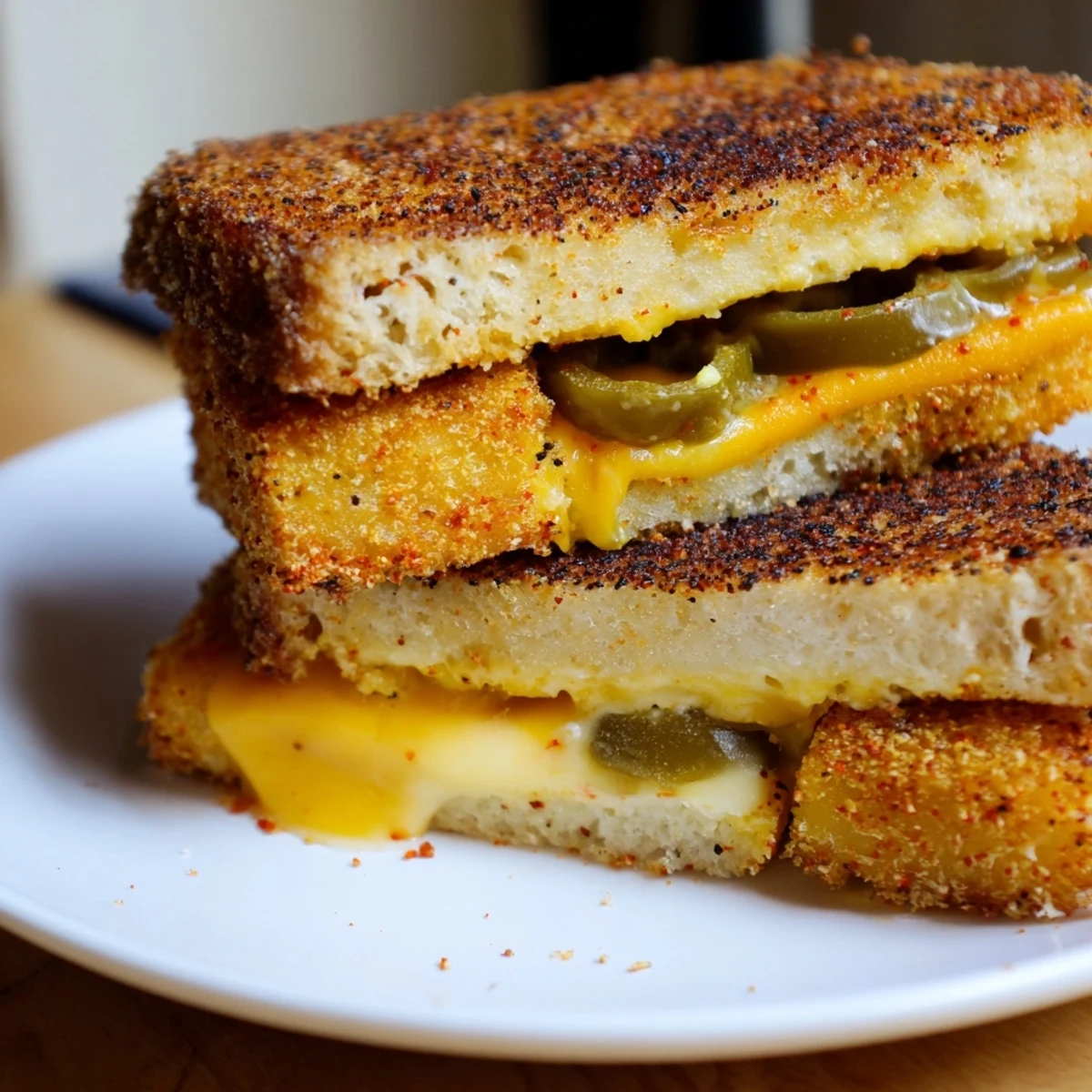 Freshly made Spicy Crispy Tofu Grilled Cheese shows crispy squares of tofu in a hearty vegan sandwich.