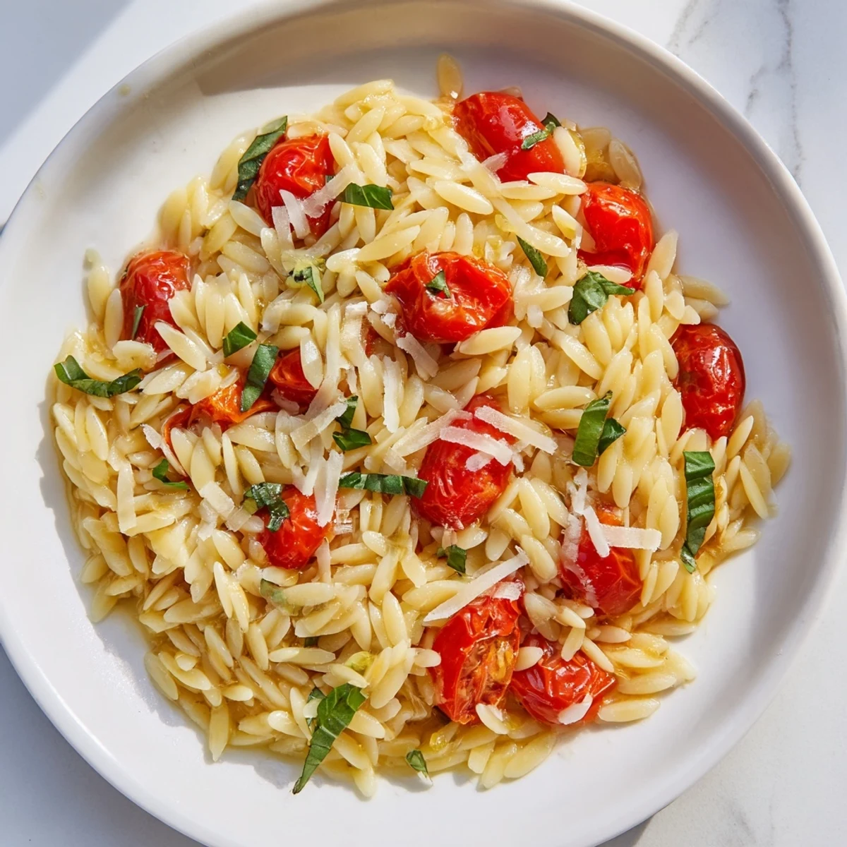 Steaming bowl of orzo tomato Parmesan: a delicious Italian pasta dish with fresh basil.