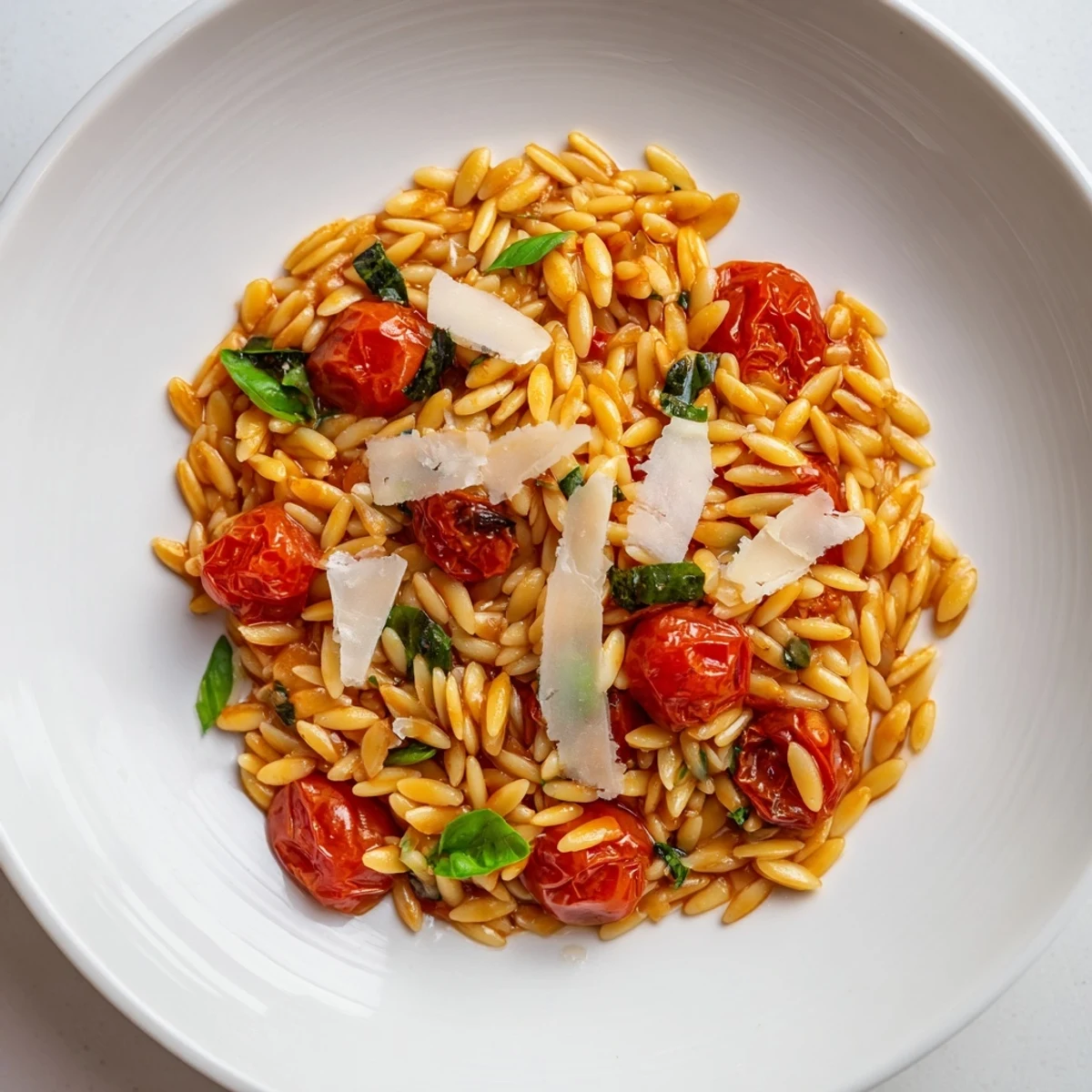 Close-up of creamy orzo tomato Parmesan with grated cheese, offering a taste of Mediterranean flavors.