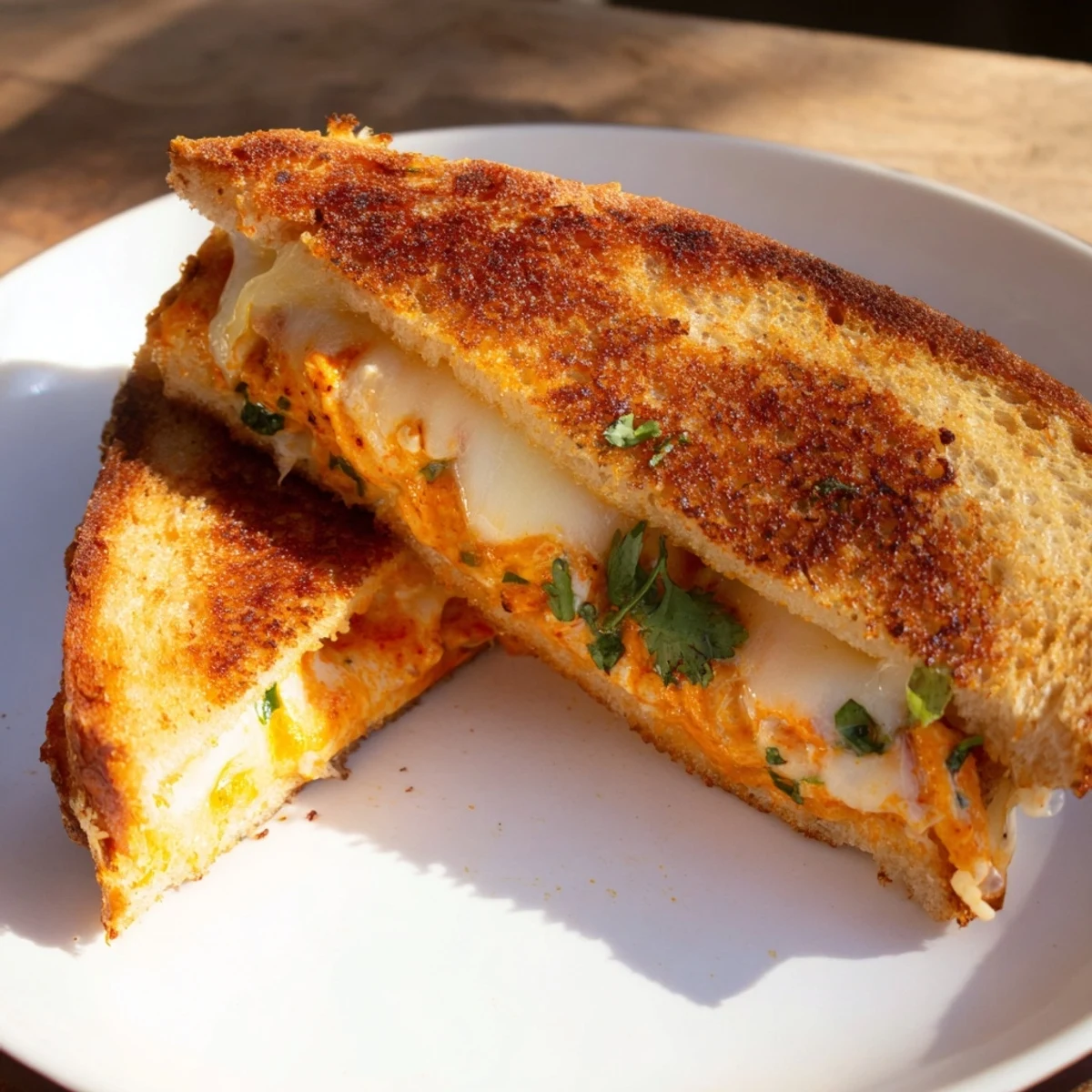 Golden, melty Savory Butter Chicken Grilled Cheese sandwich ready to serve, dripping with cheese.