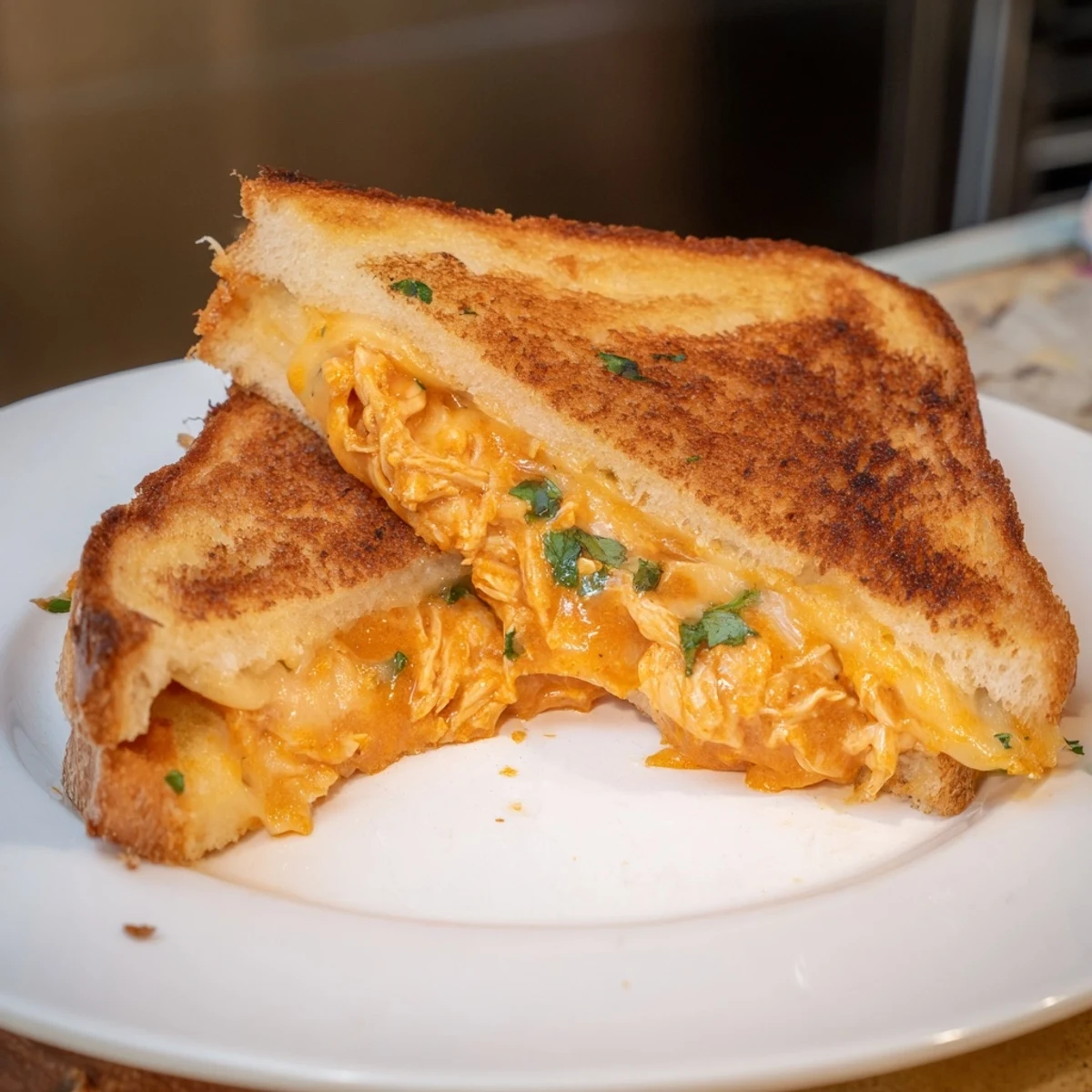 Close-up of a perfectly grilled Savory Butter Chicken Grilled Cheese with melted cheese oozing out, delicious.