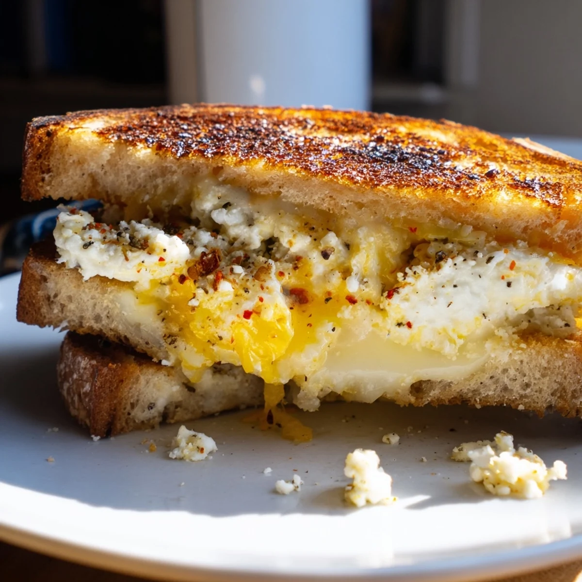 Image text 2: Savor the deliciousness of Feta Fried Eggs Grilled Cheese, served with a crispy, golden crust and melted cheese.