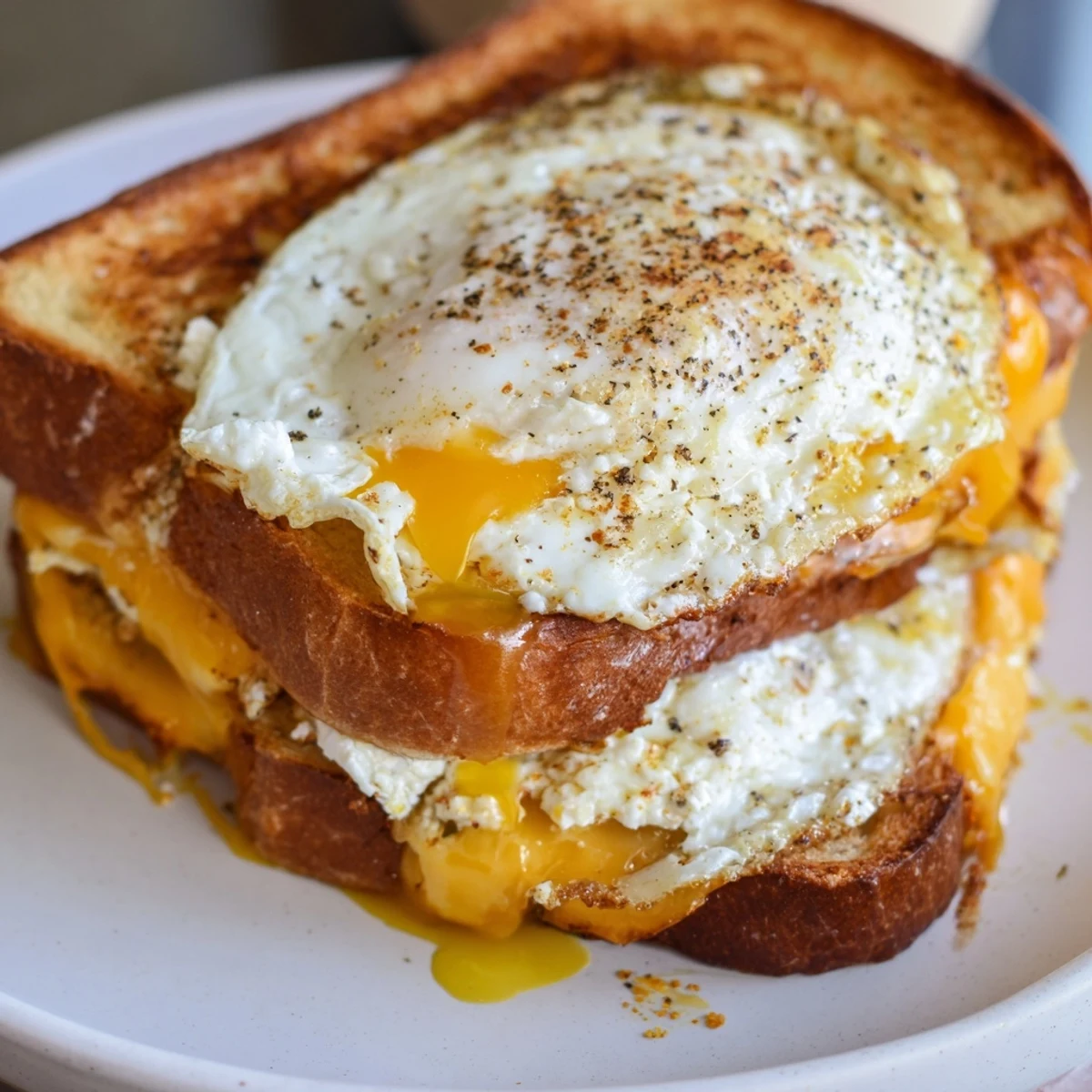 Image text 1: Golden-brown Feta Fried Eggs Grilled Cheese, oozing cheese and perfectly fried eggs, ready to enjoy.