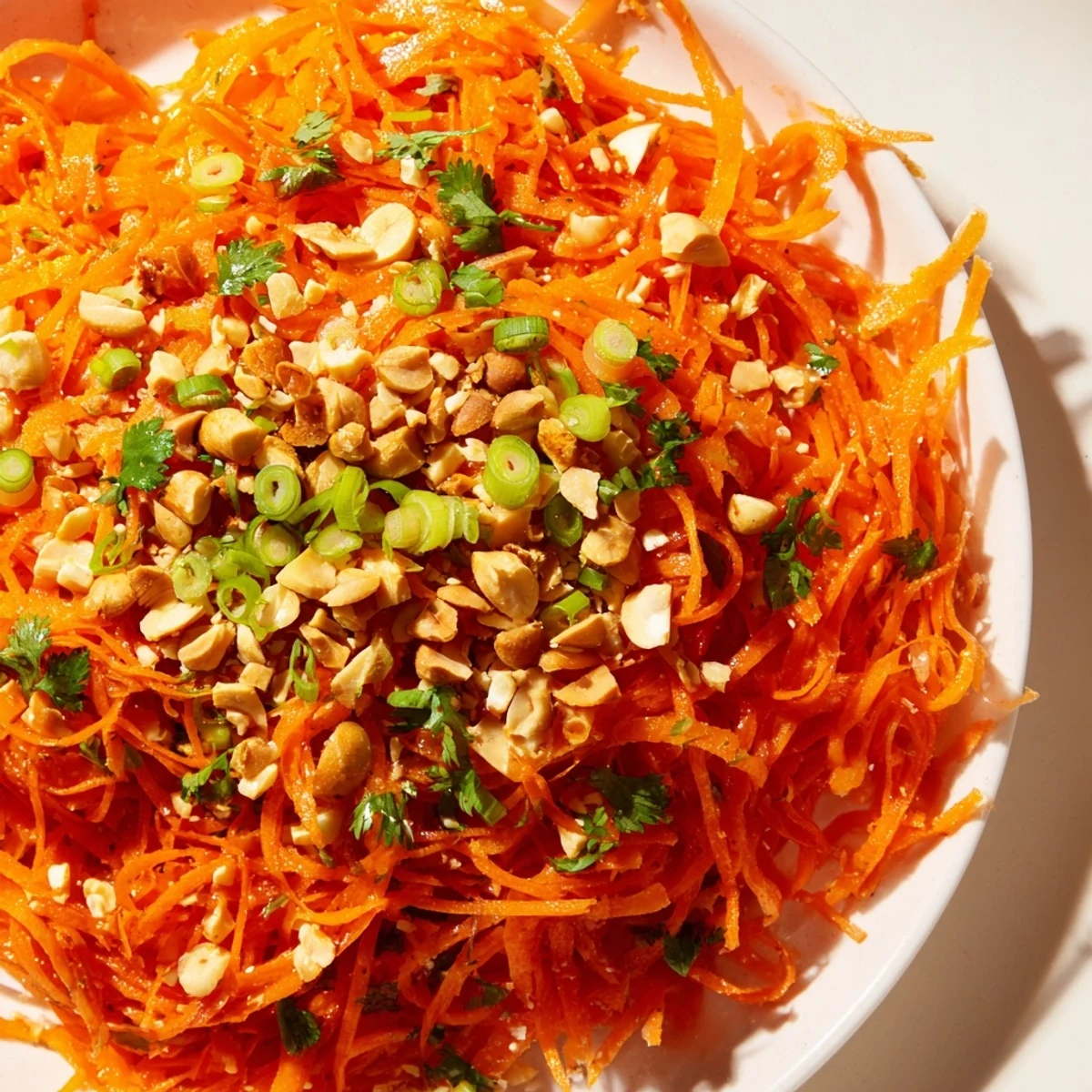 Freshly tossed Spicy Carrot Salad featuring crunchy carrots, sesame seeds, and a zesty Asian sauce.