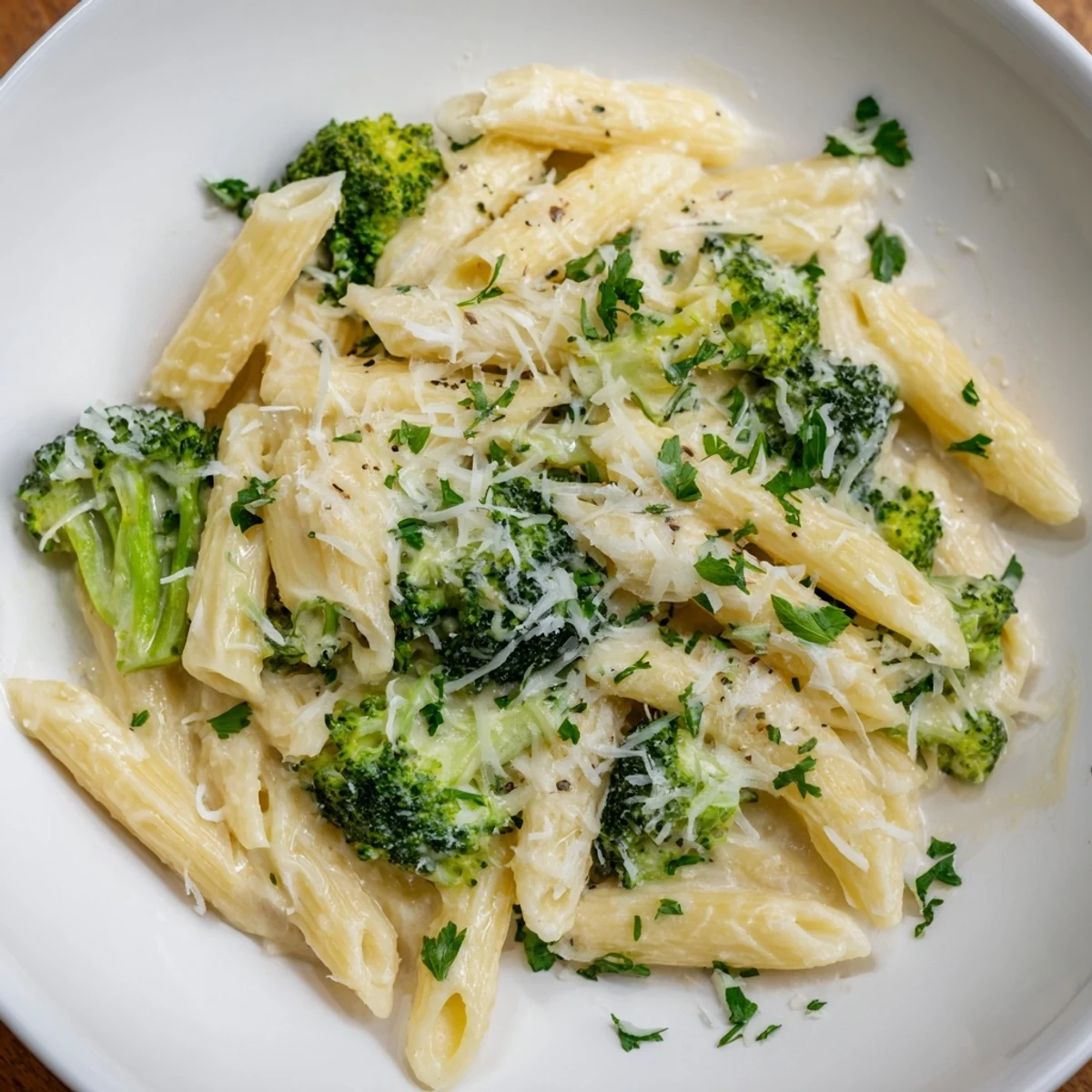 Golden bowls of Cream Cheese Garlic Pasta with broccoli and Parmesan, ready to serve.