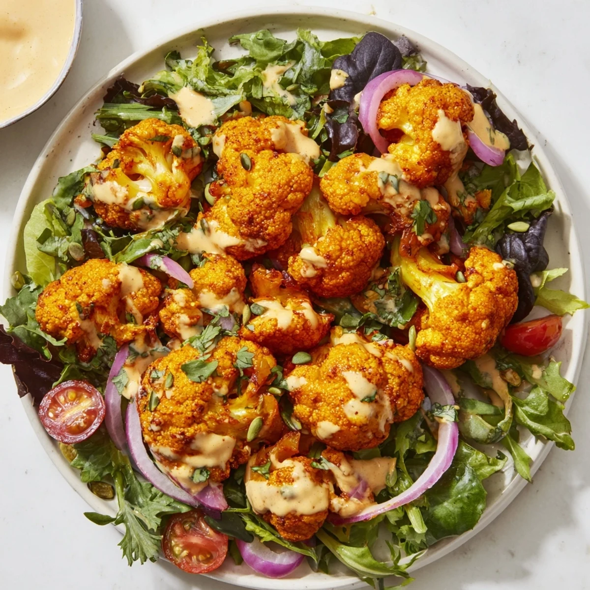 Golden-brown crispy cauliflower salad with tahini sauce, drizzled over fresh greens, ready to eat.