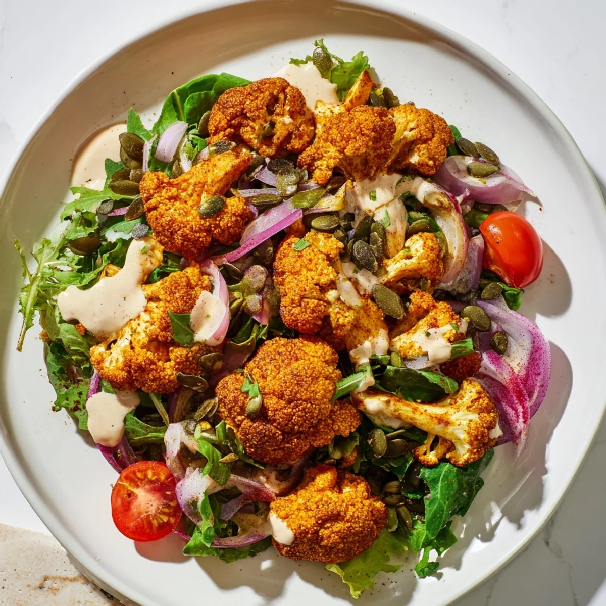 A visually appealing close-up of the crispy cauliflower salad, showcasing the creamy tahini dressing's drizzle.