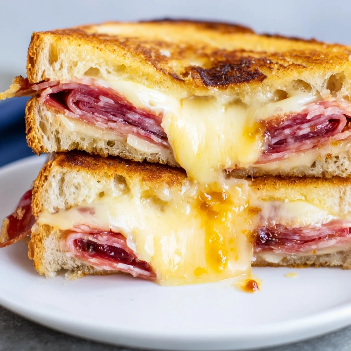Golden-brown charcuterie grilled cheese with melted cheese and savory meats, a perfect bite.