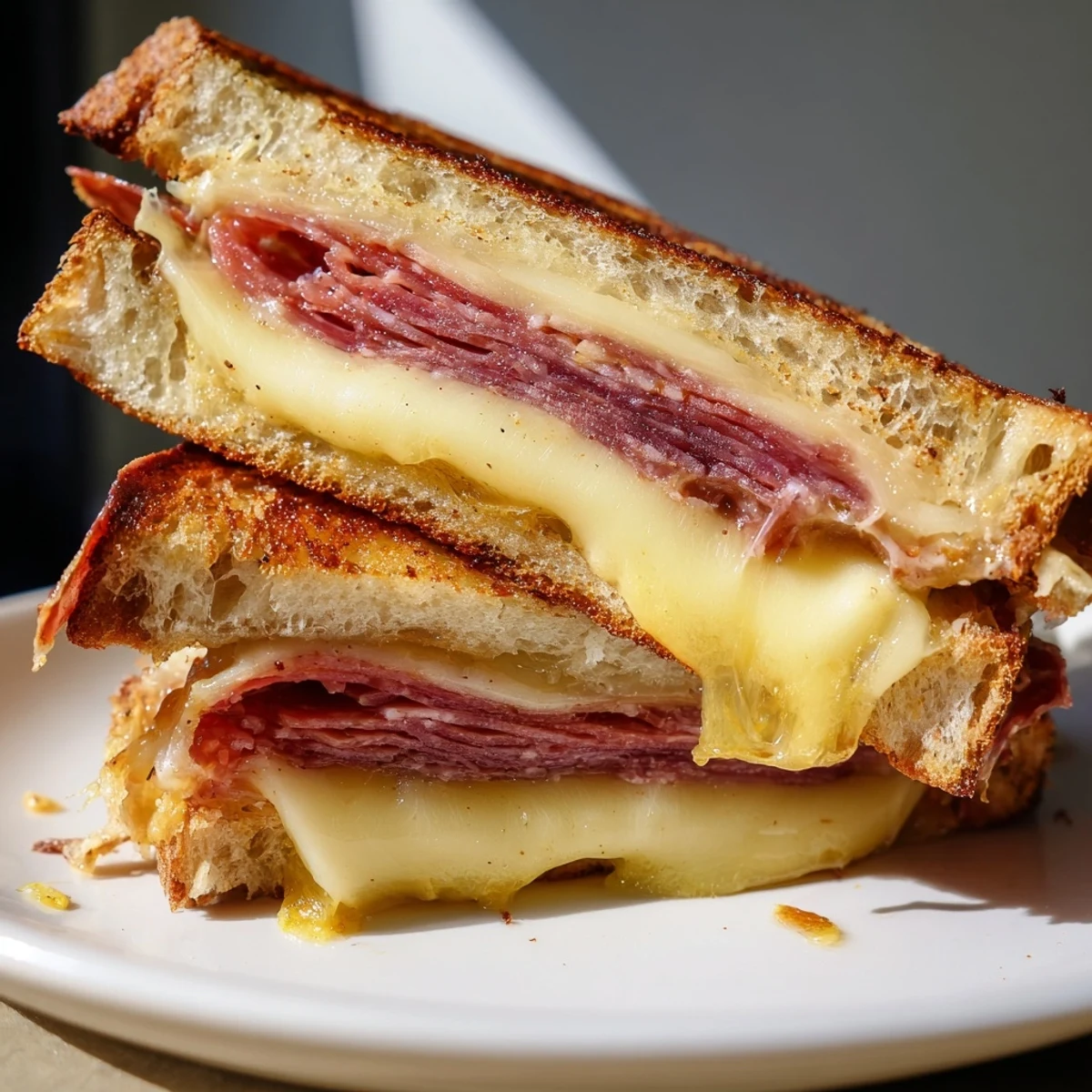 A warm Charcuterie Grilled Cheese sandwich, showing layers of cheese and cured meats oozing out.