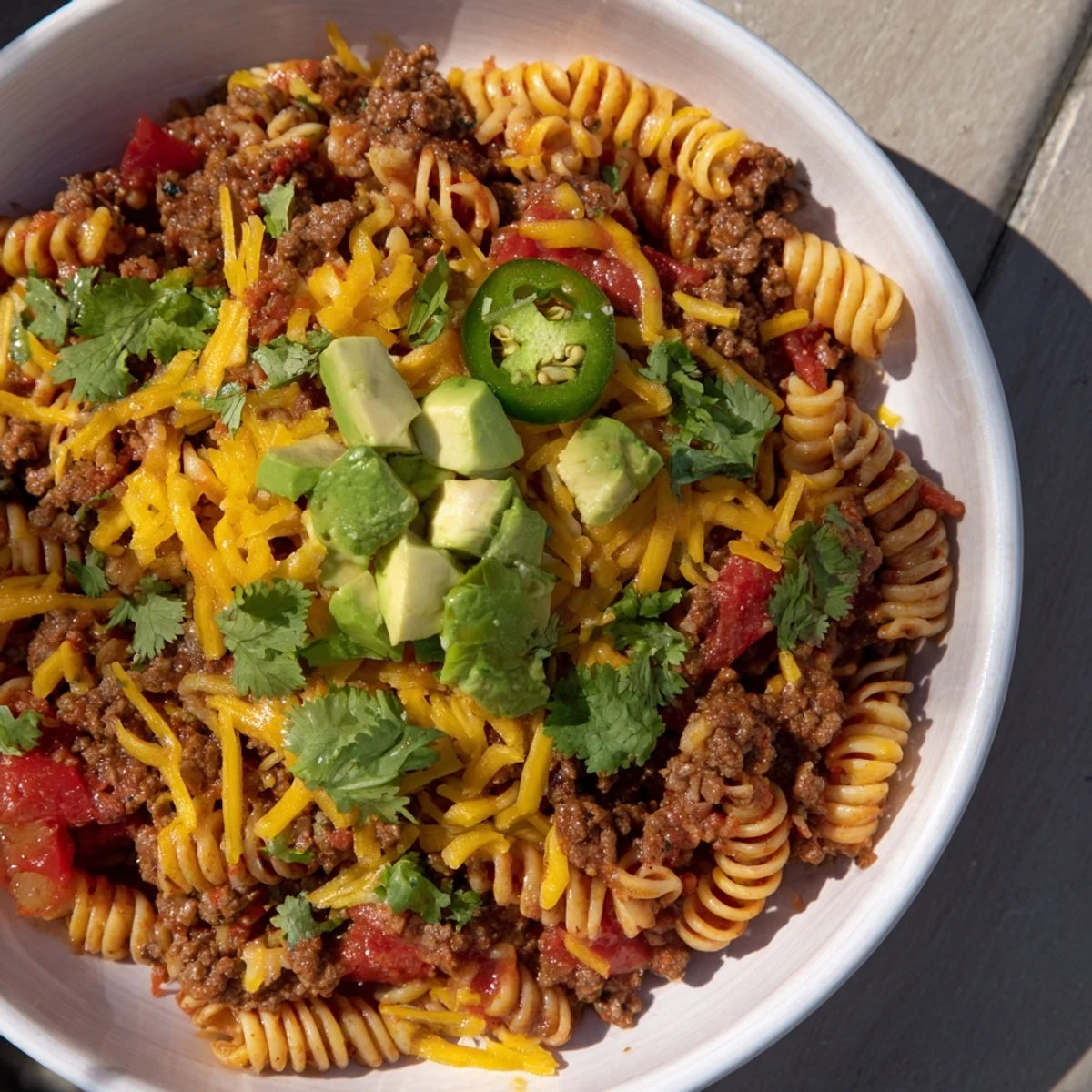 A comforting skillet of Beef Taco Pasta, topped with melted cheddar cheese ready to eat.