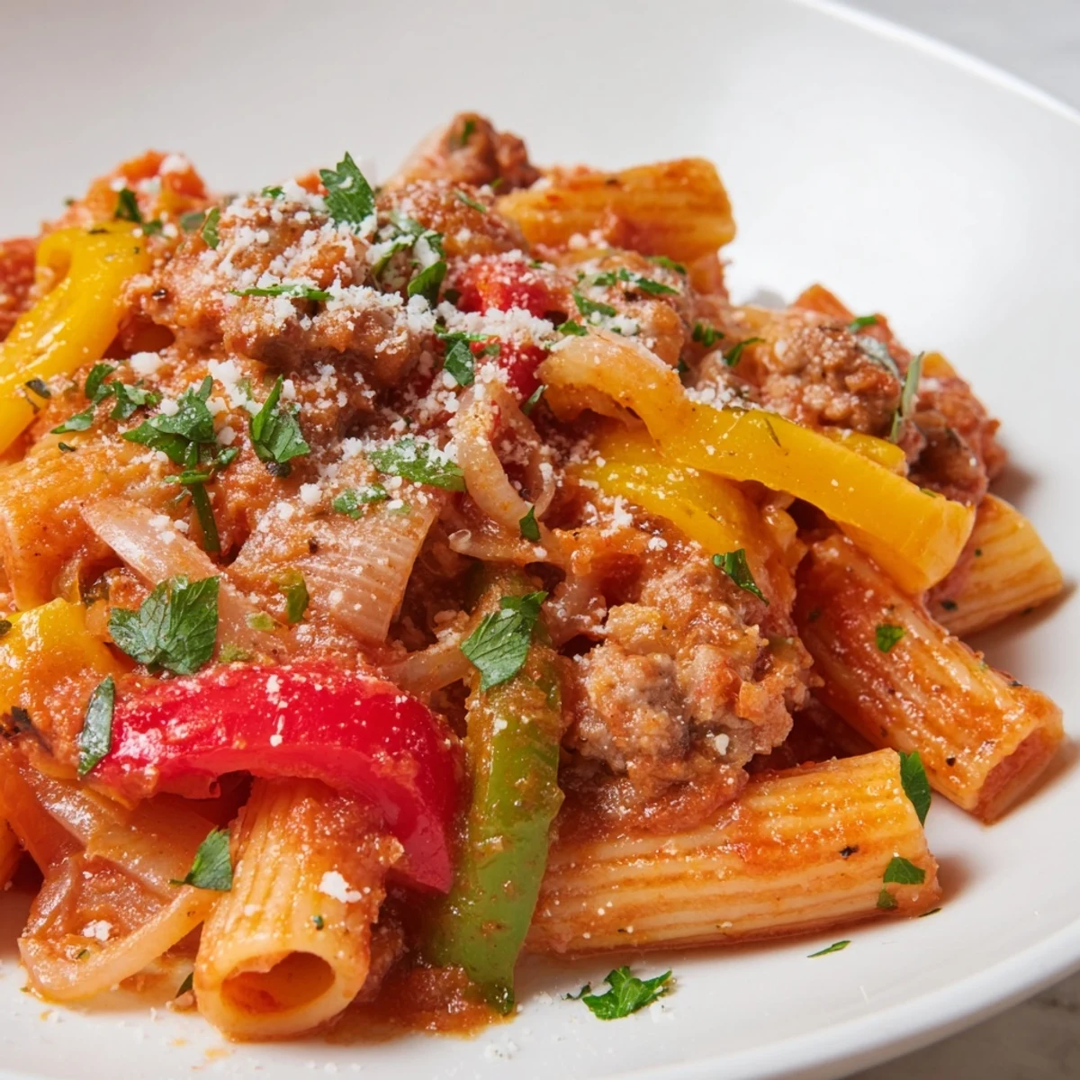 Sausage and Peppers Pasta: A vibrant plate of pasta with colorful peppers and Italian sausage.
