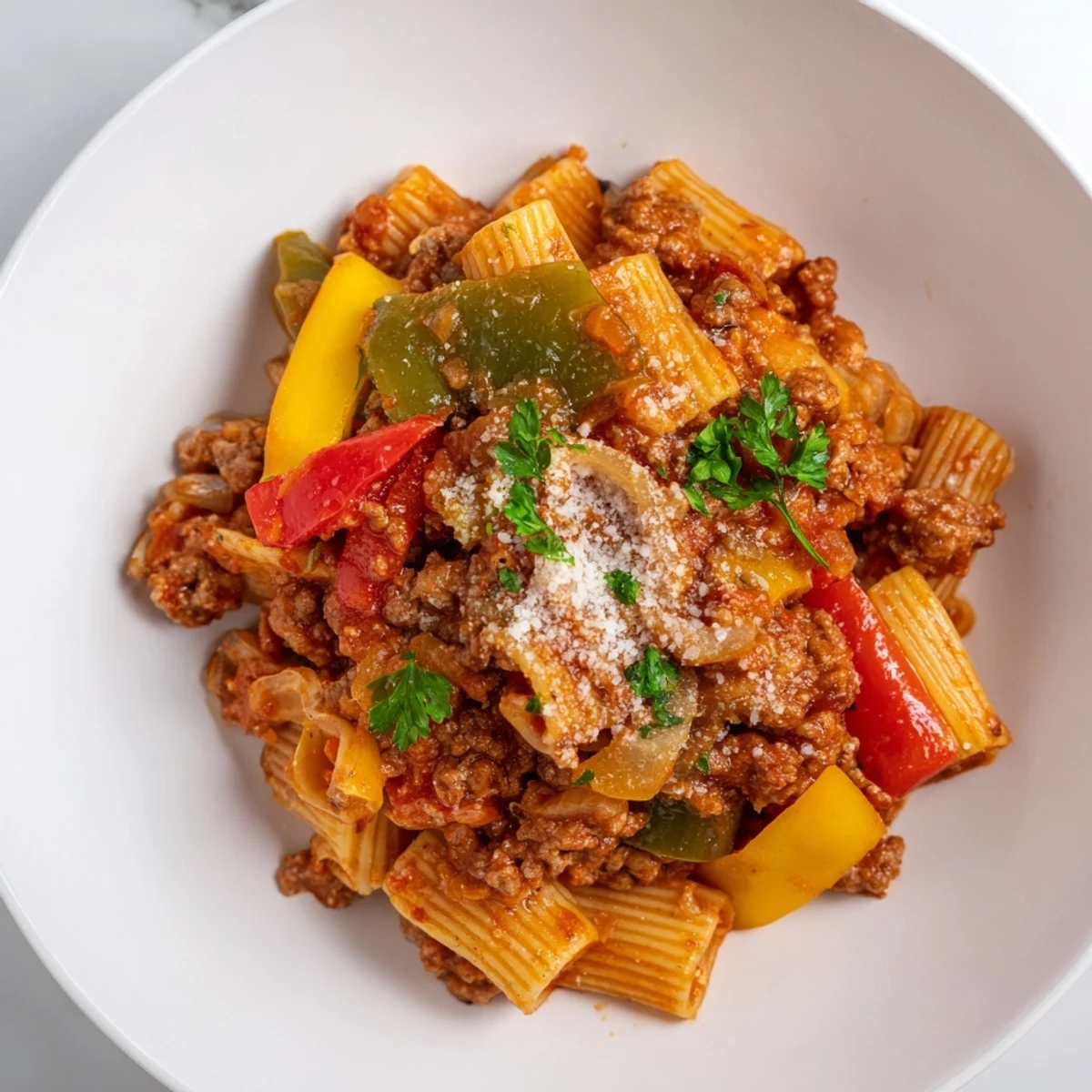 Enjoy this comforting bowl of Sausage and Peppers Pasta; savory, satisfying, and ready to serve.