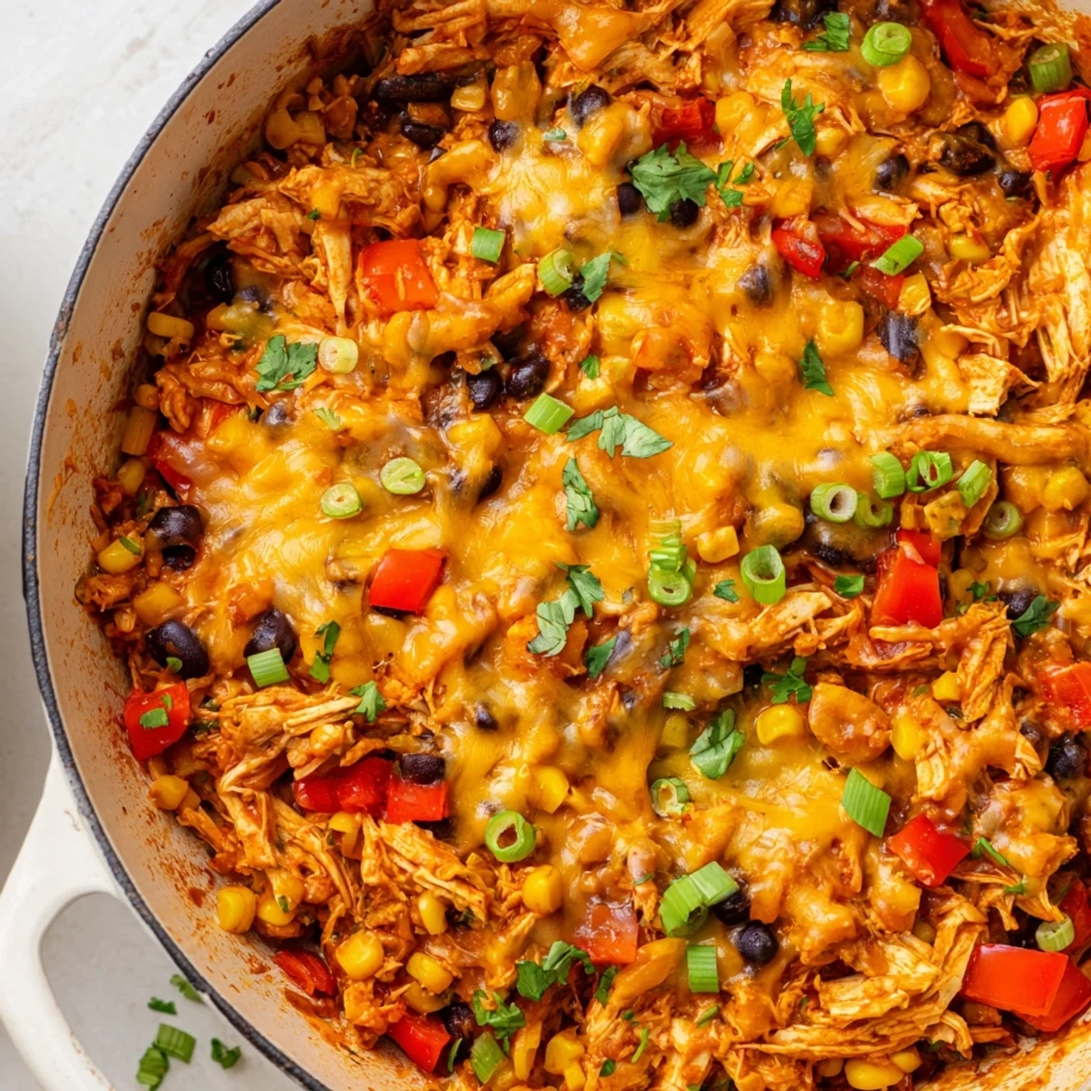 This easy Chicken Enchilada Skillet presents tender tortilla strips drenched in savory sauce, complete with a bubbly cheese topping.