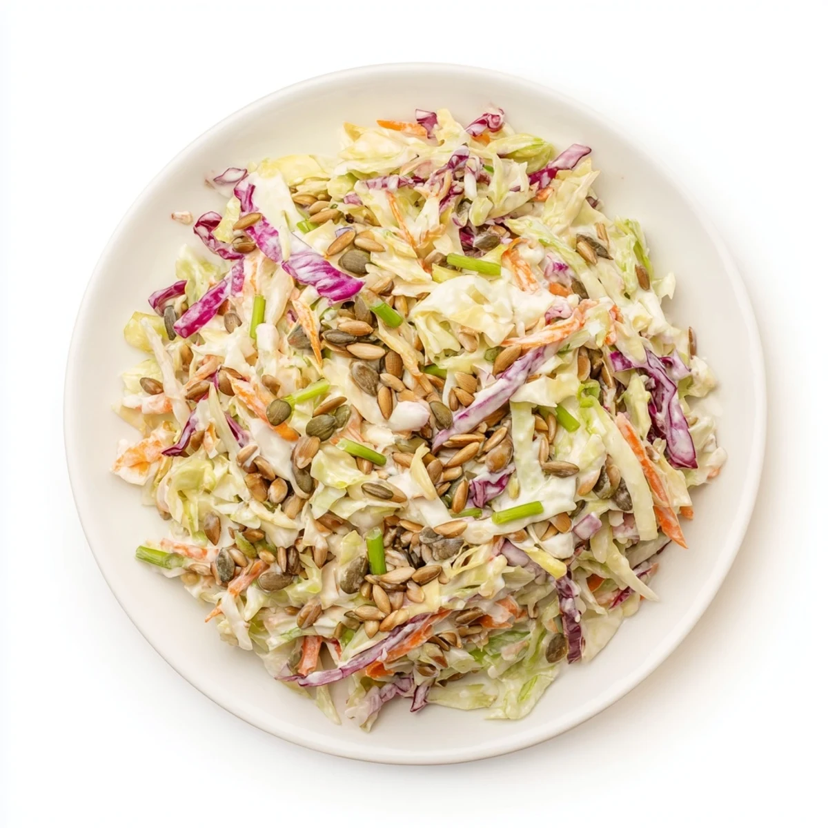 A colorful close-up of crunchy coleslaw salad, with crisp veggies and creamy dressing, perfect for summer.
