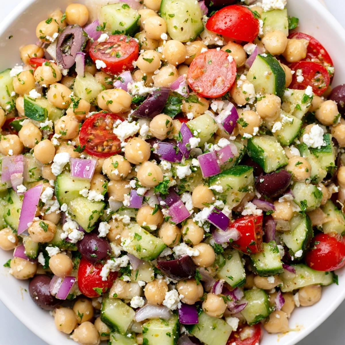 Mediterranean chickpea salad, colorful with tomatoes, feta and olives, dressed in zesty lemon vinaigrette.