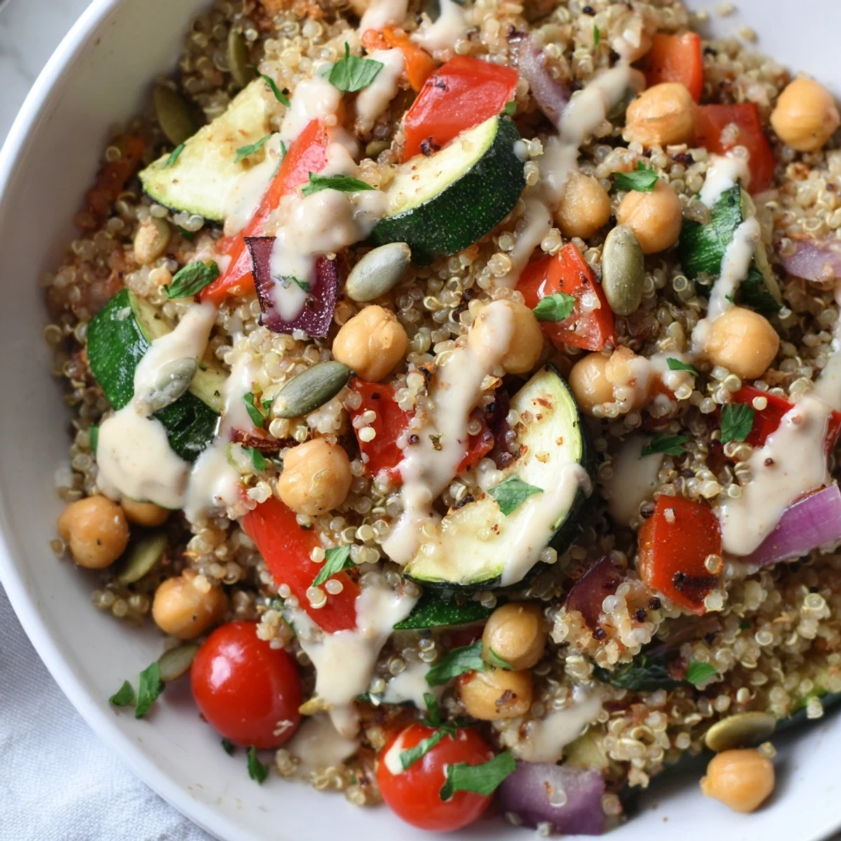 Vibrant quinoa power protein salad with roasted vegetables, perfect for a healthy lunch.